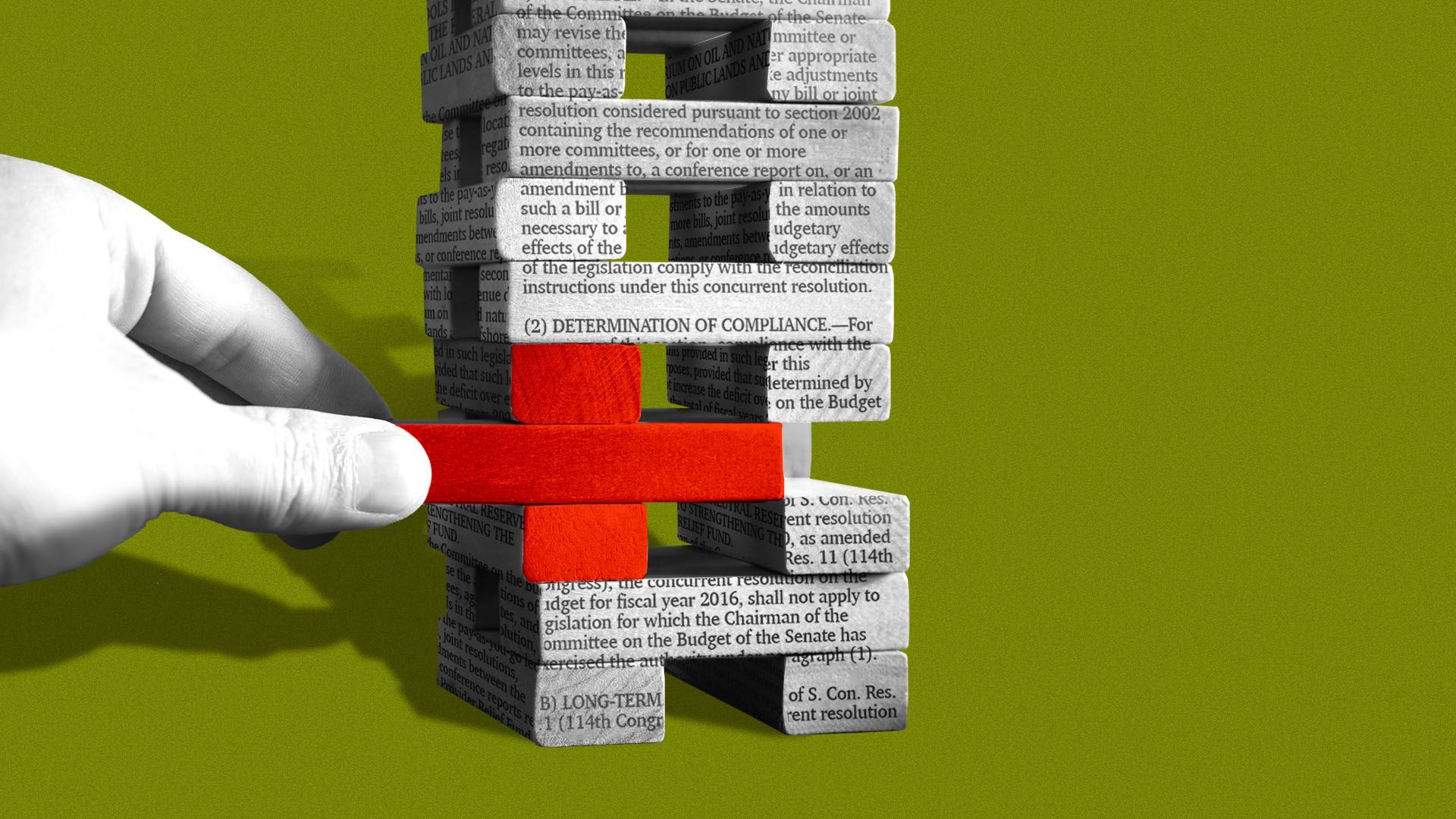 Illustration of a jenga stack with a Congressional bill on it, with a hand removing a red cross shaped piece