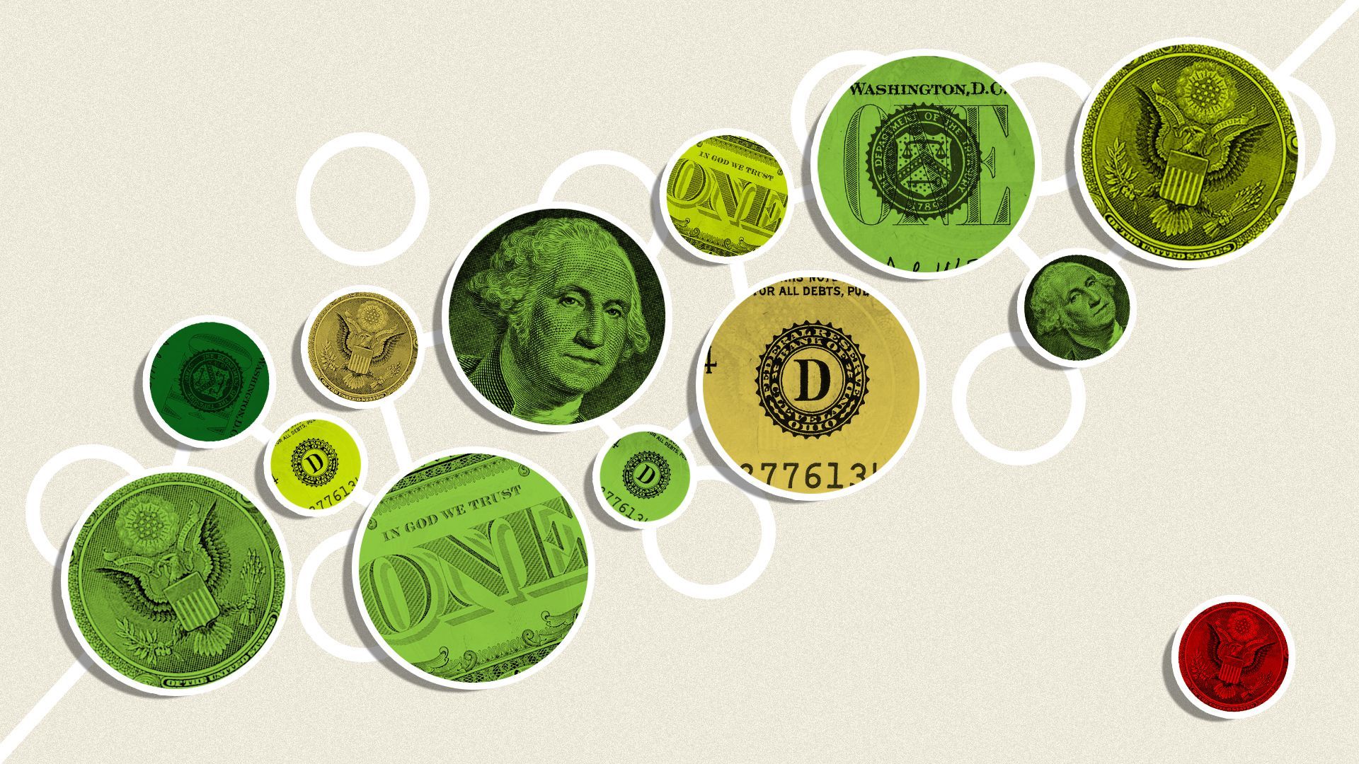 Illustration of a grouping of circles with dollar bill imagery trending upward with one outlier