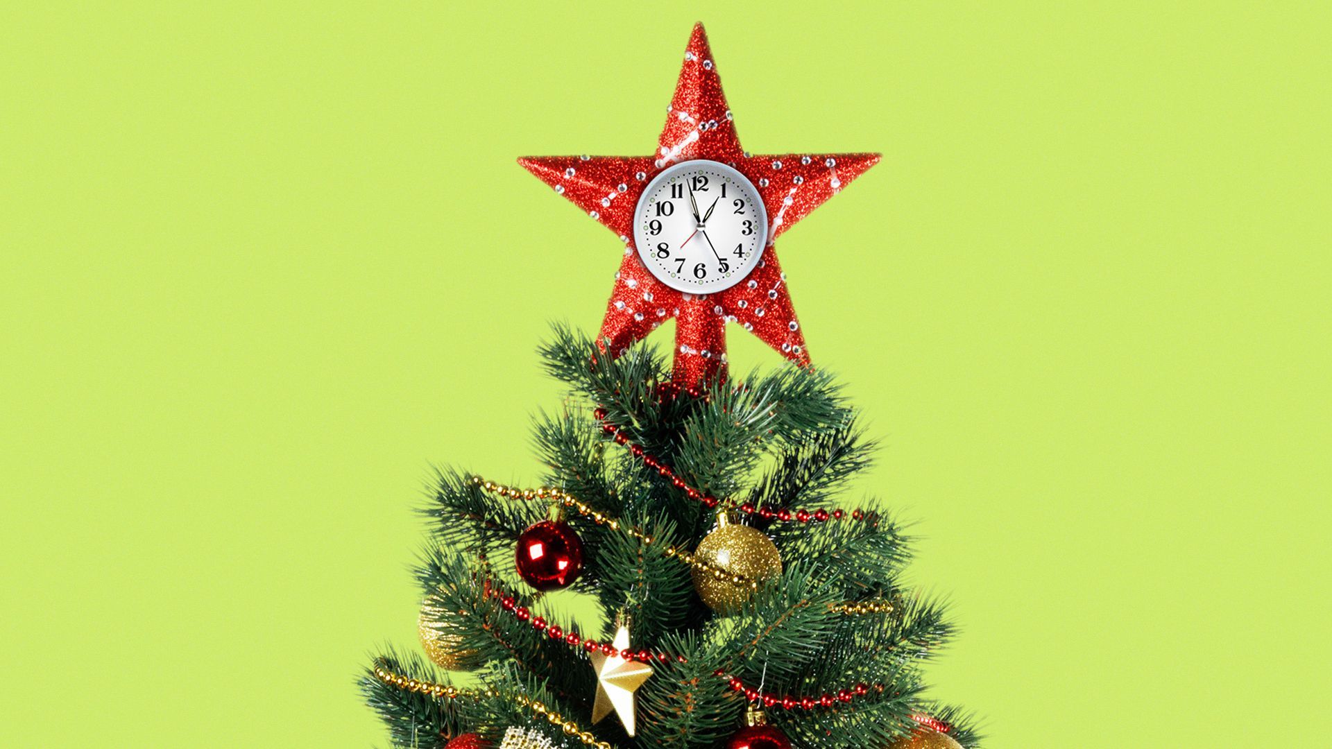 Illustration of a Christmas tree with a clock in the star on top.