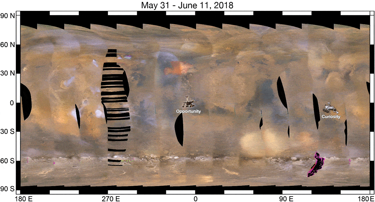 Series of images showing an expanding dust storm on Mars and location of NASA's rovers.