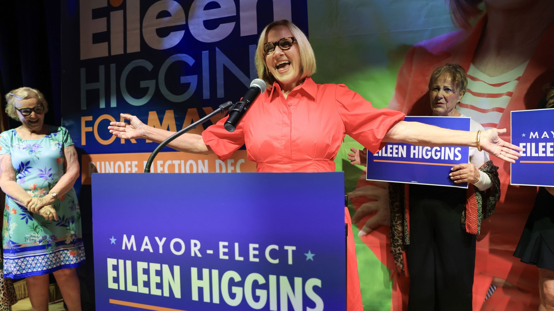 Eileen Higgins speaks to supporters at her election night party in Miami after winning the city’s mayoral runoff election.