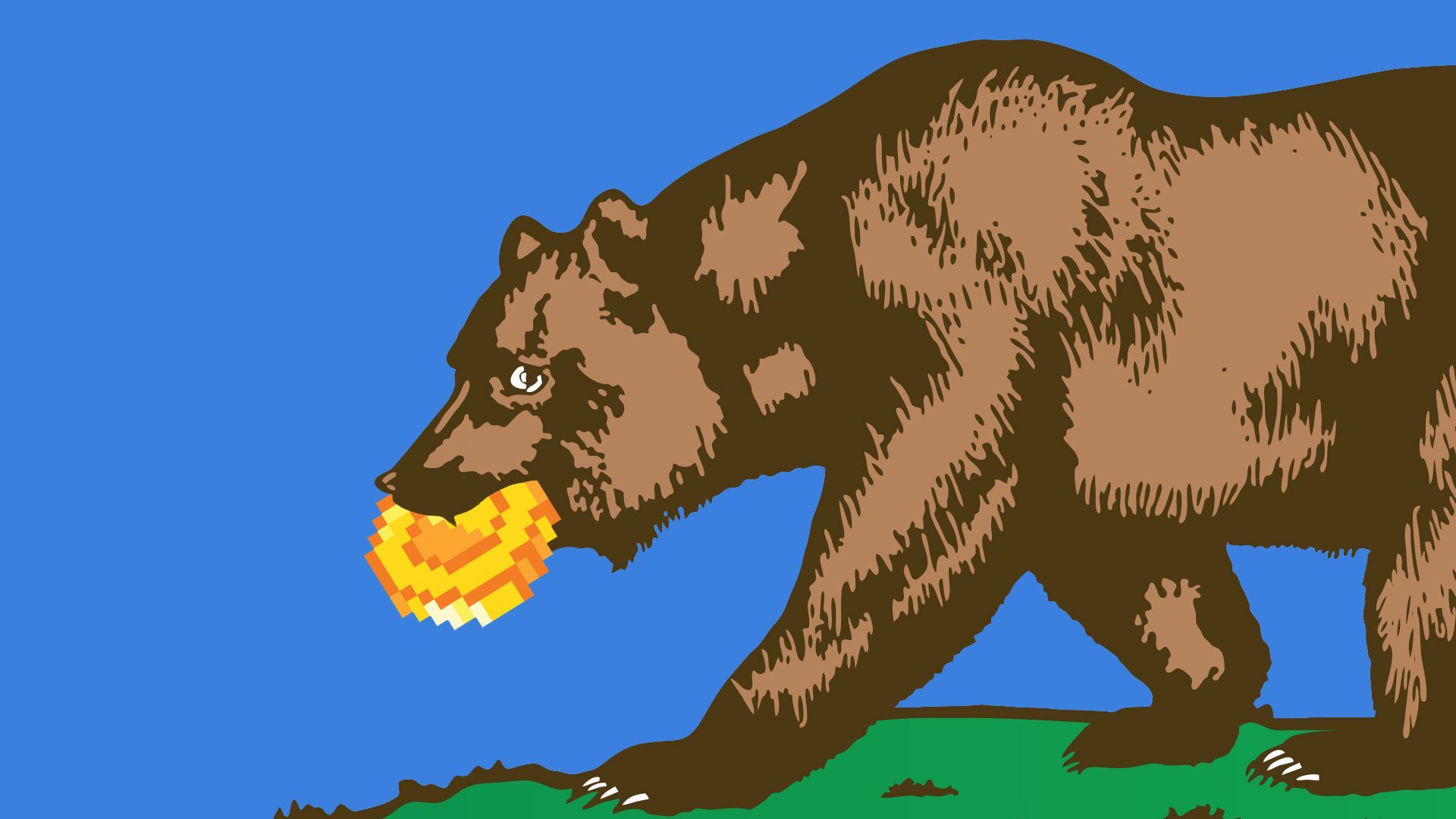 Illustration of a bear holding a pixel coin in its mouth