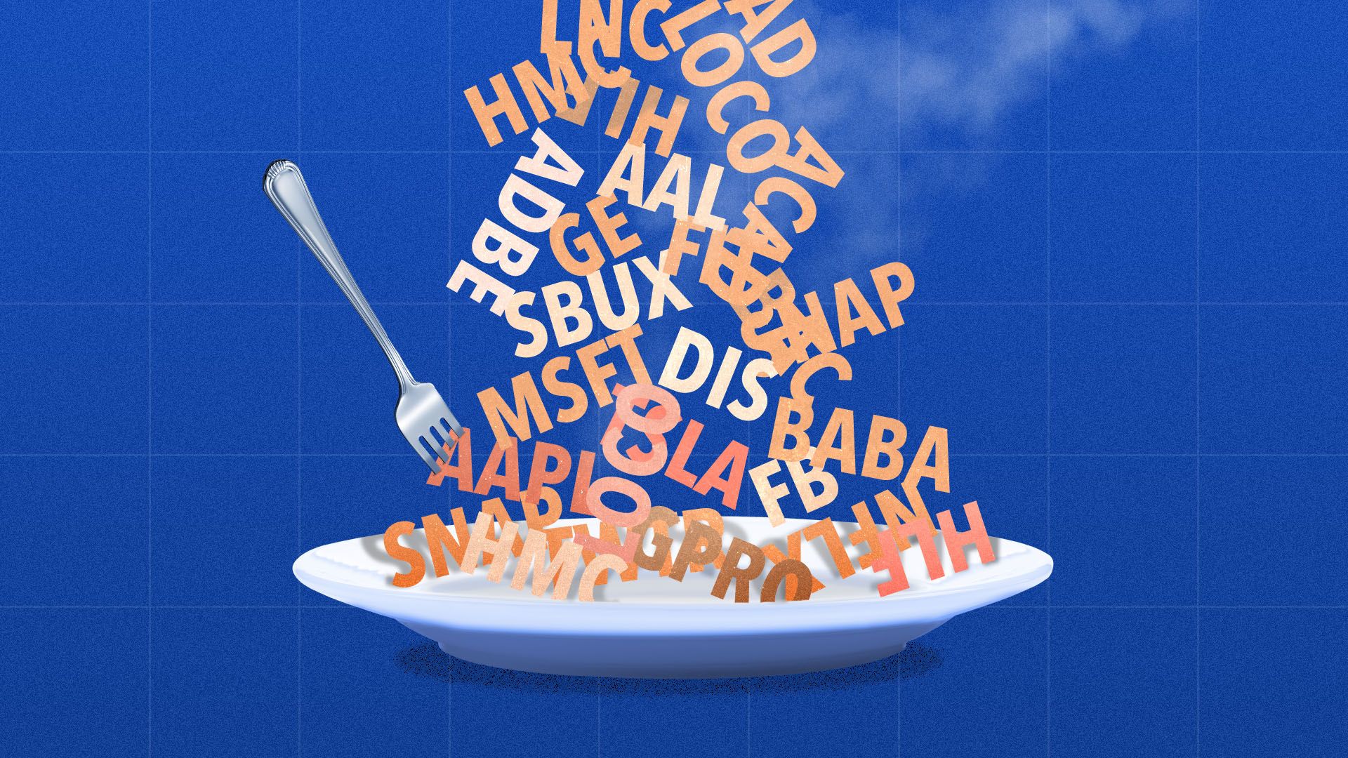 Illustration of a steaming plate full of stock market abbreviations with a fork sticking in them