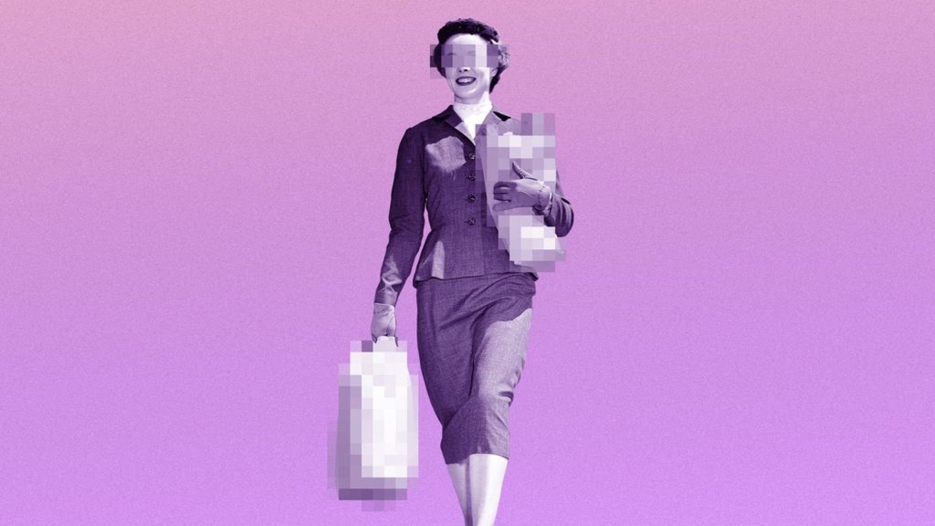 Illustration of a woman walking with shopping bags but her face and the shopping bags are pixelated.