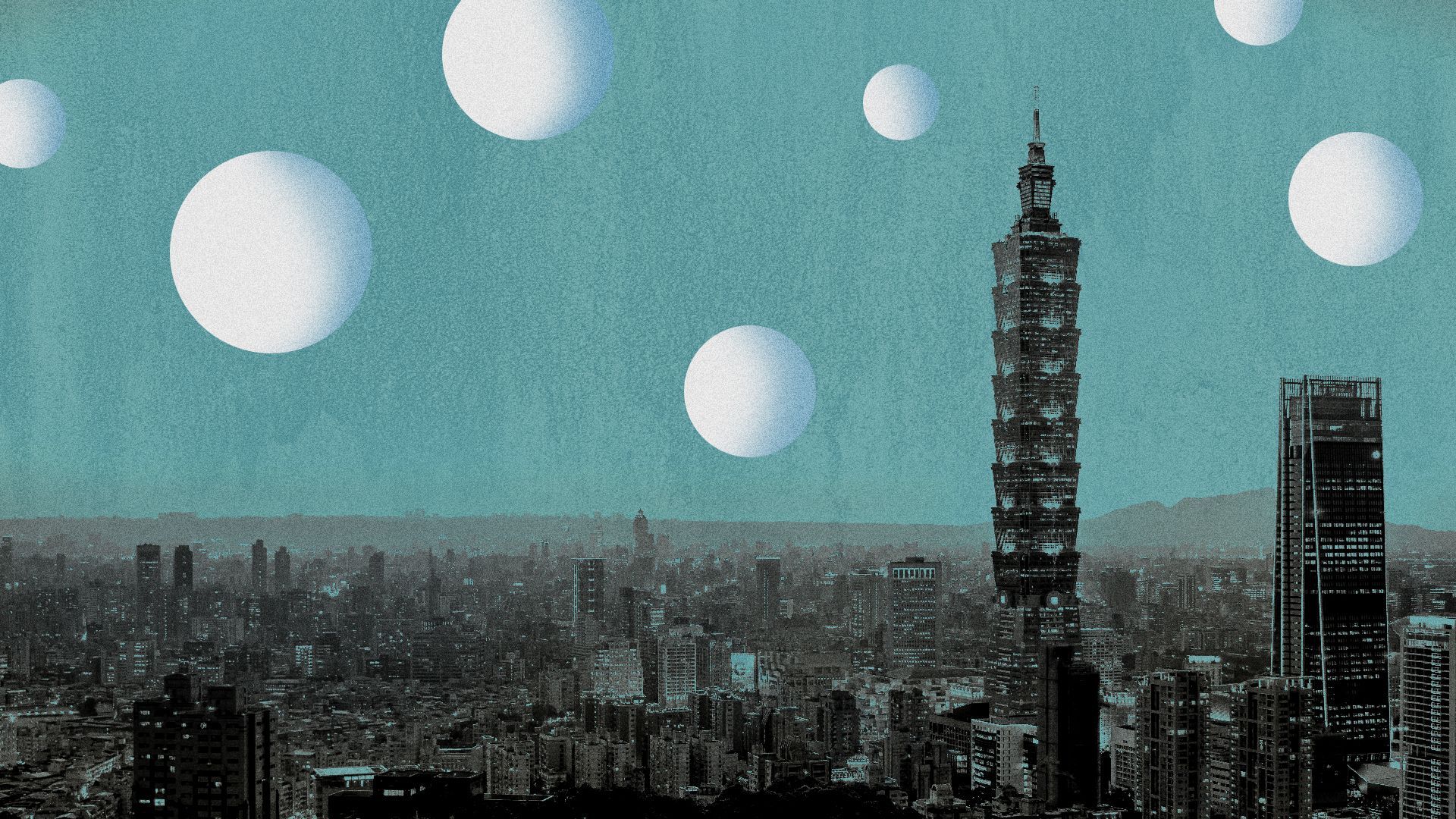 Illustration of abstract white surveillance balloons above Taipei's skyline.