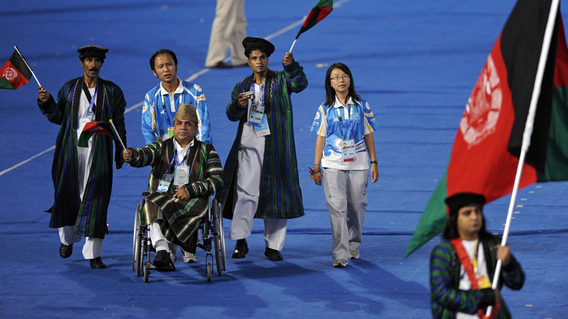 The Afghanistan delegation parades during the 2008 Beijing Paralympic Games opening ceremony.