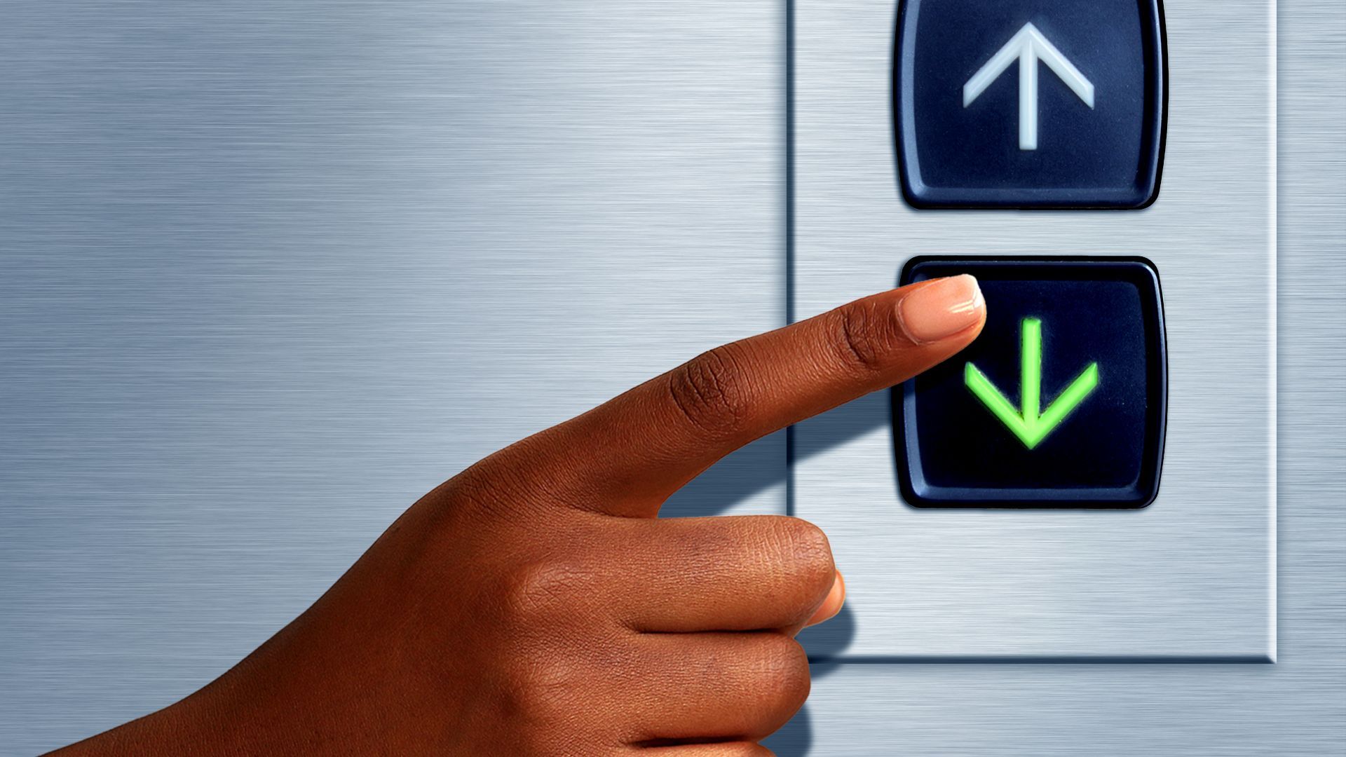 Illustration of a hand pressing the down button for an elevator.