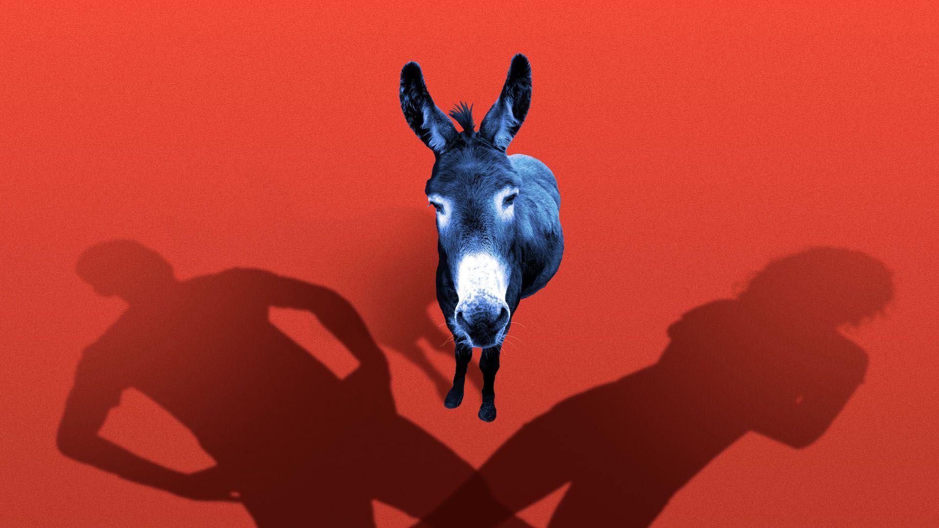 Illustration of a blue donkey with the shadows of two people on either side of it