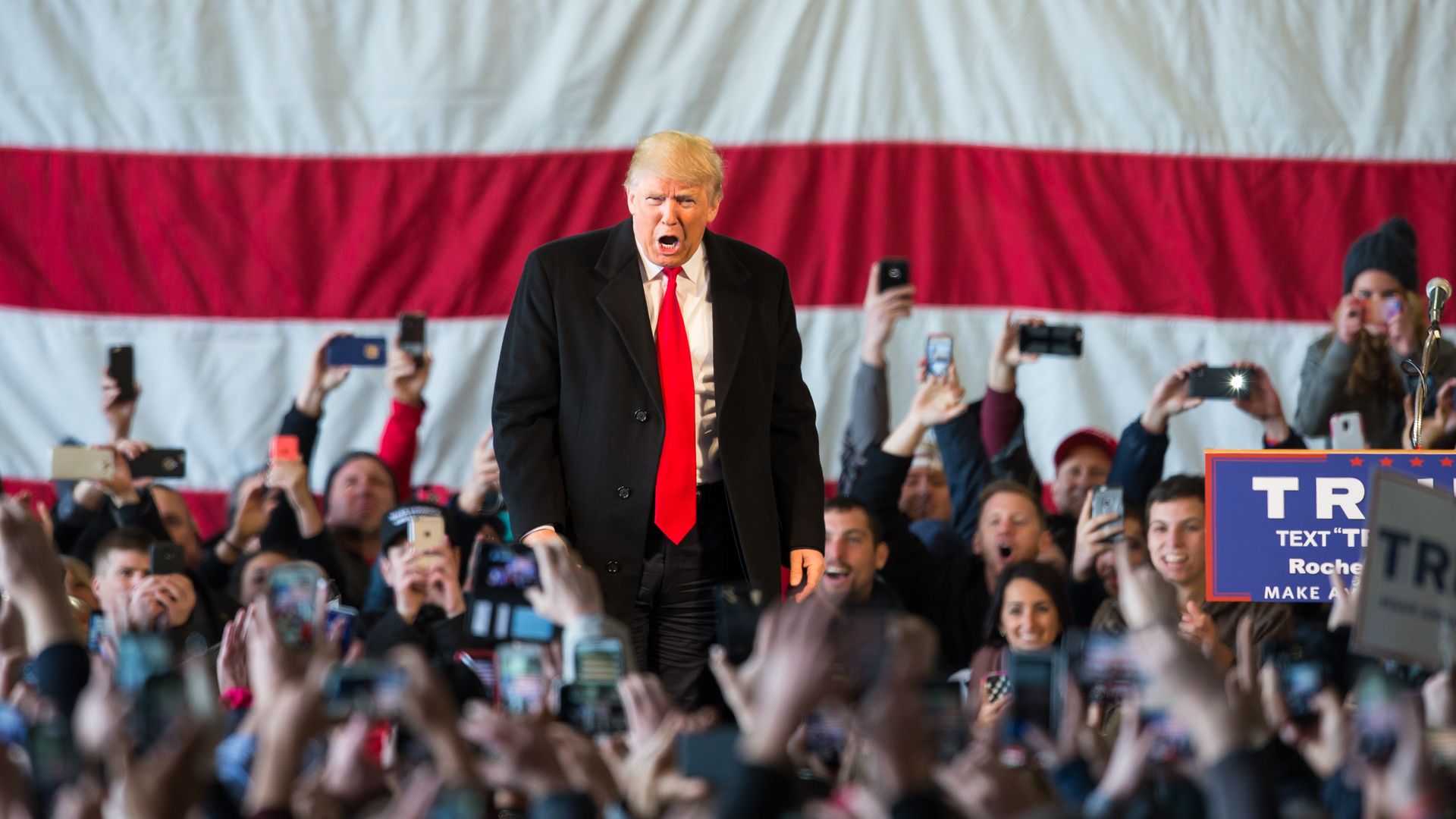 Republican presidential candidate Donald Trump speaks in front of a capacity crowd at a rally in 2016