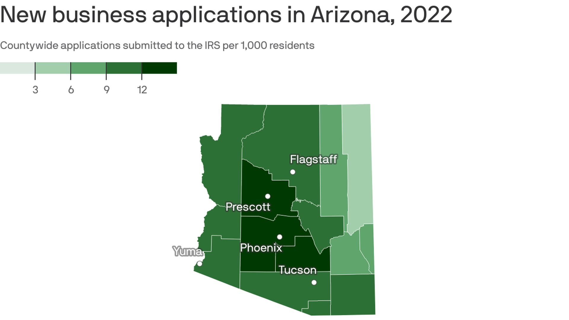 A map showing new business applications in Arizona by county. Maricopa, Pinal and Yavapai counties saw the most.