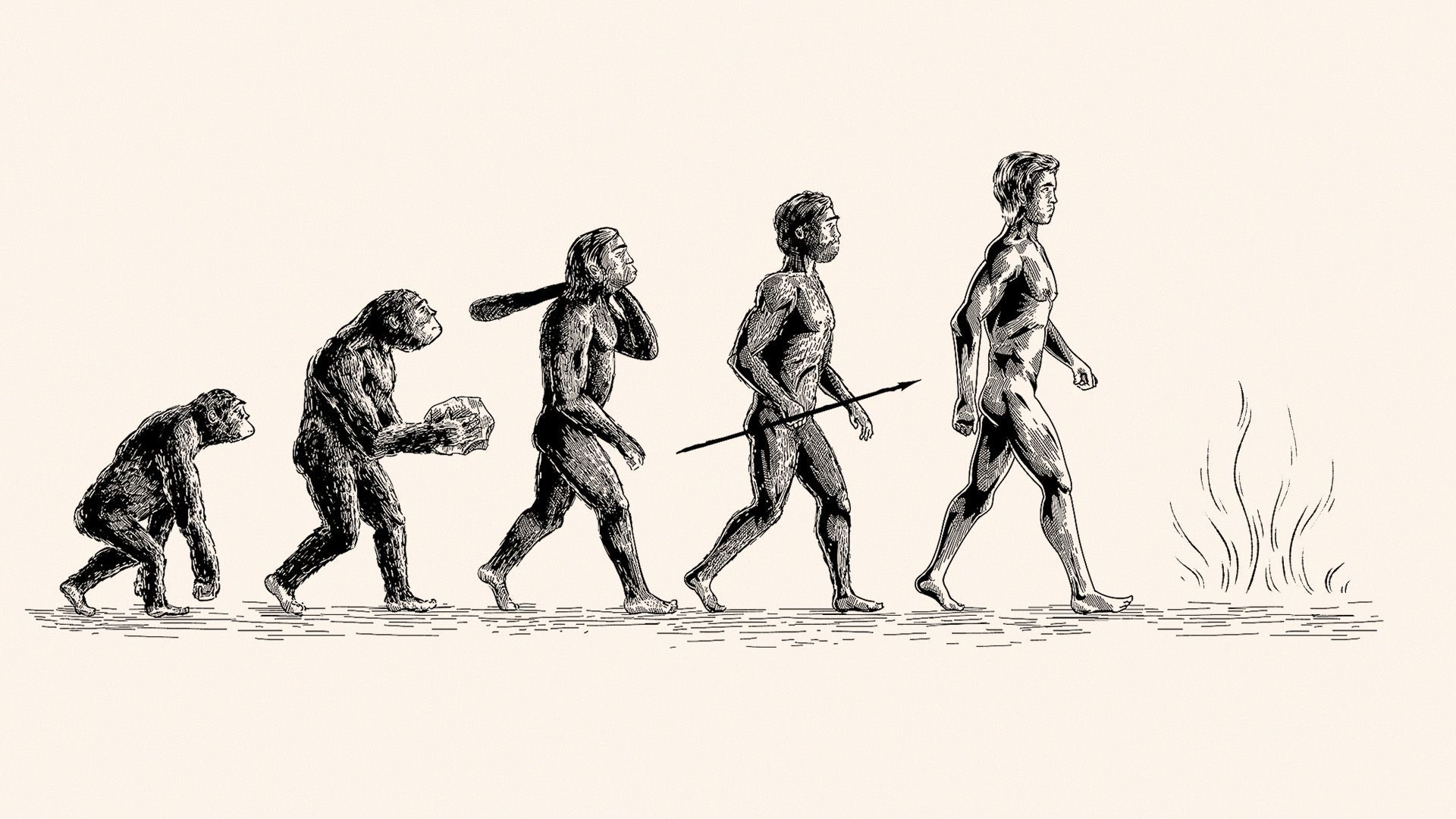 Illustration of the evolution of humans ending in smoke.