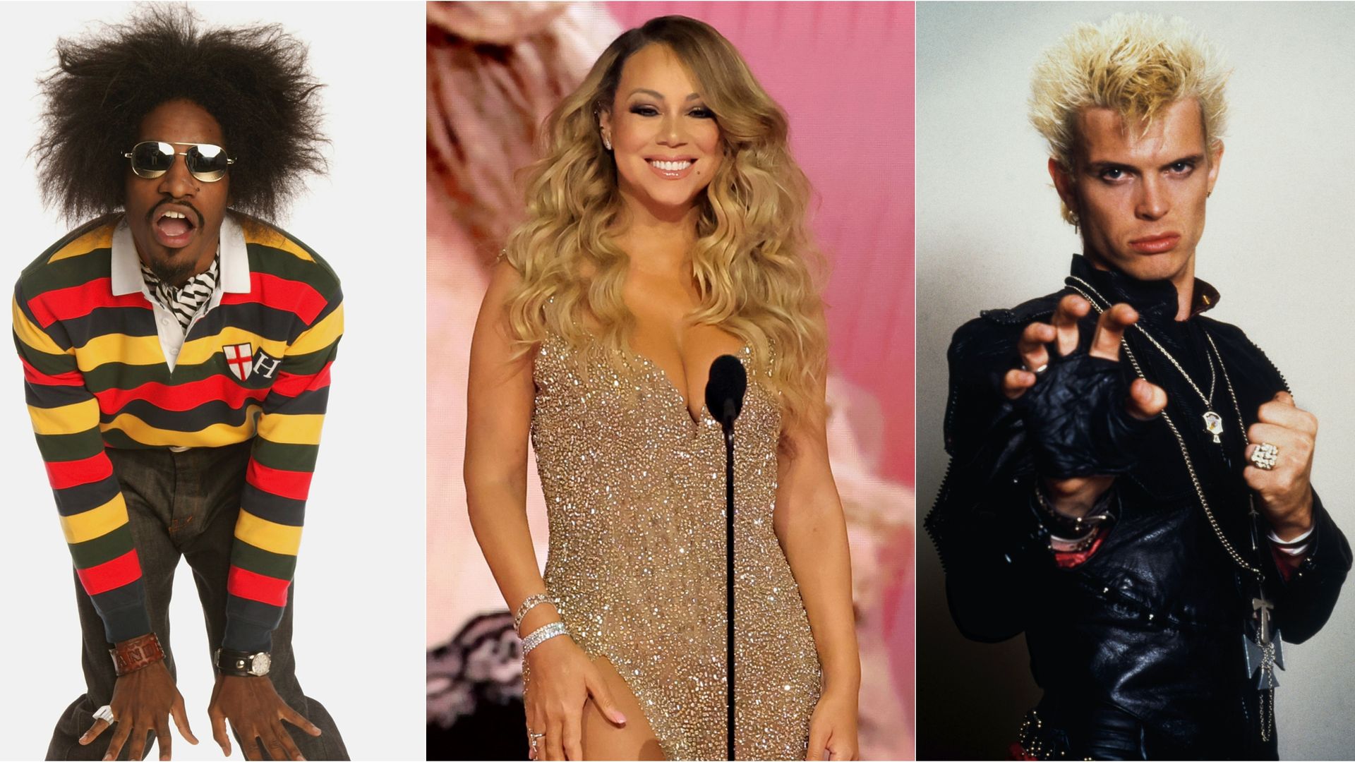 Collage featuring photos of Andre 3000, Mariah Carey and Billy Idol.