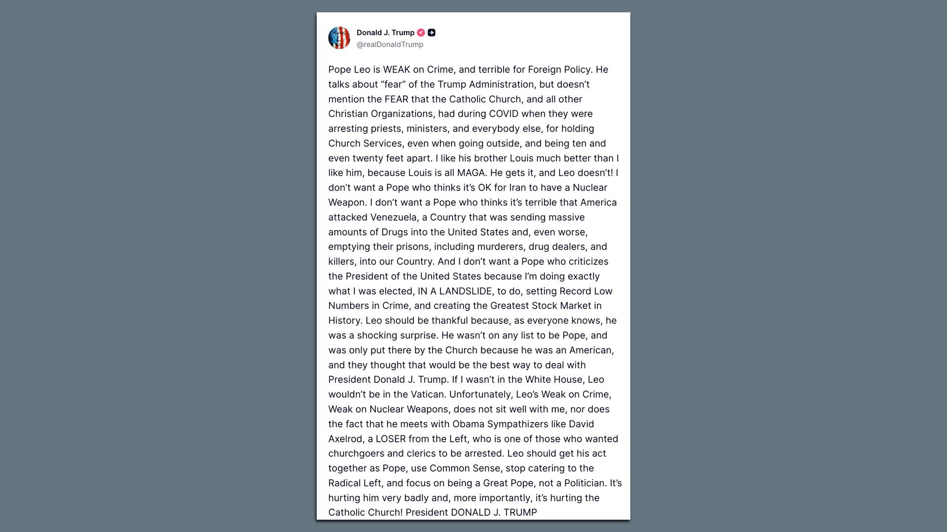 Screenshot of a tweet by Donald J. Trump (@realDonaldTrump) on a white card with long text about Pope Leo and foreign policy, on a muted blue-gray background.