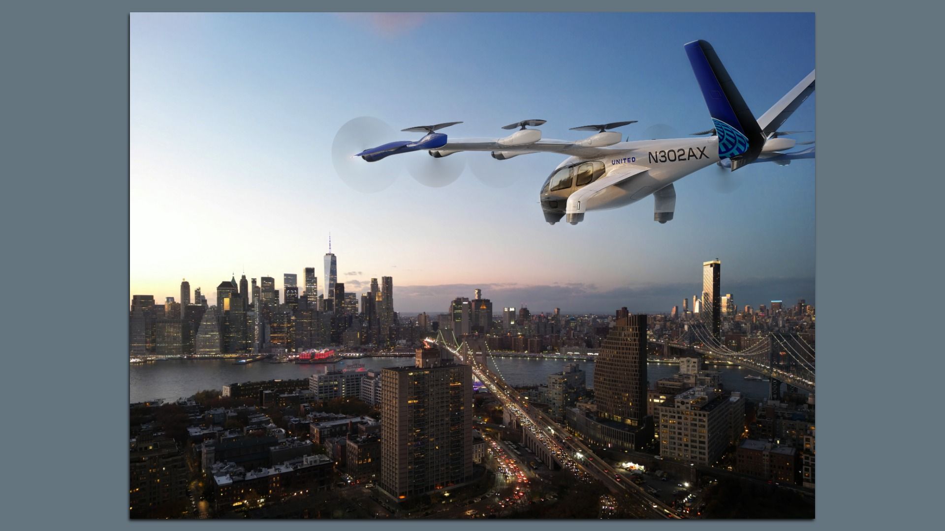 Rendering of Archer's Midnight electric air taxi flying over New York City at dusk