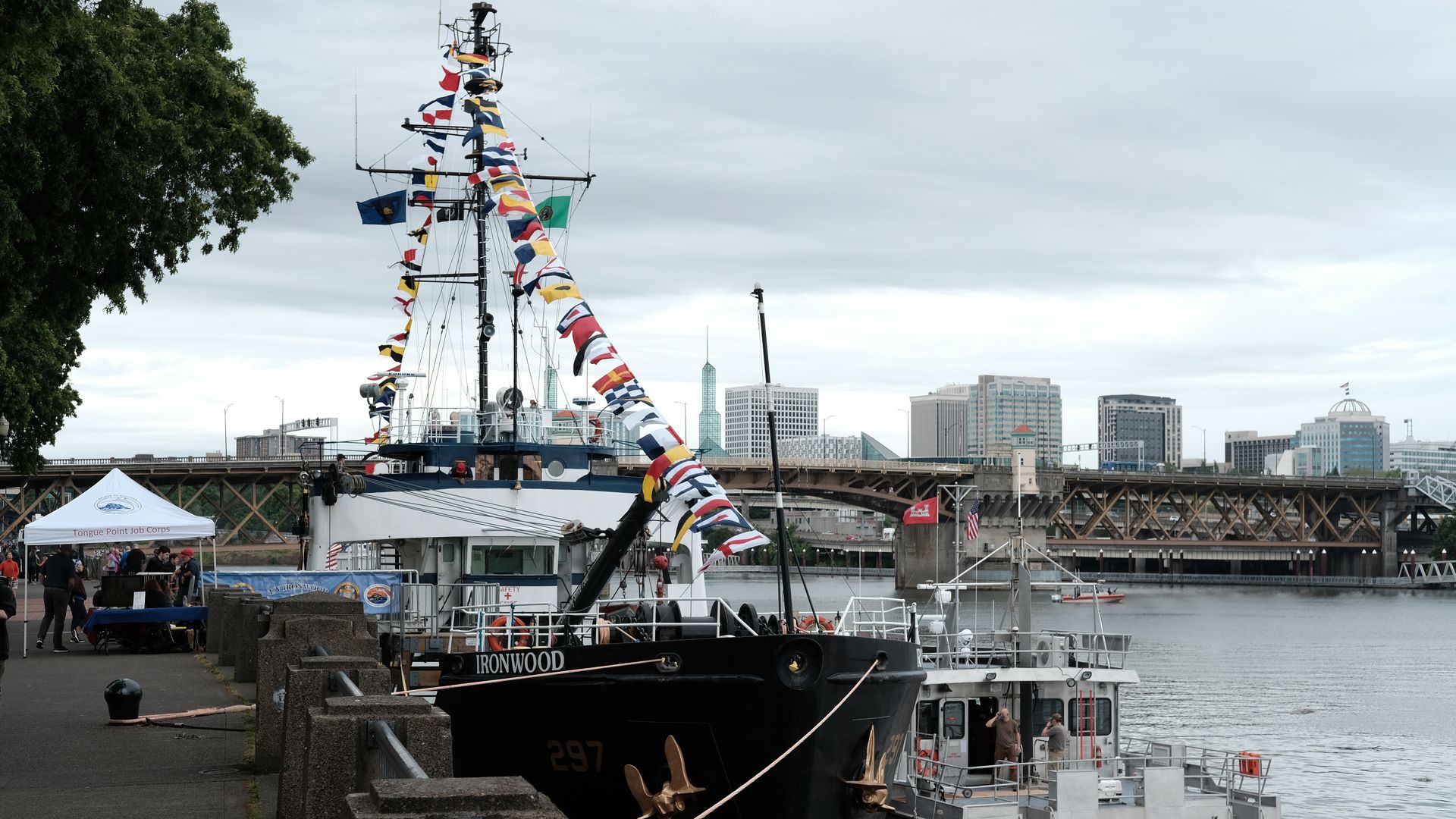 A navy ship on the Willamette River during Fleet Week