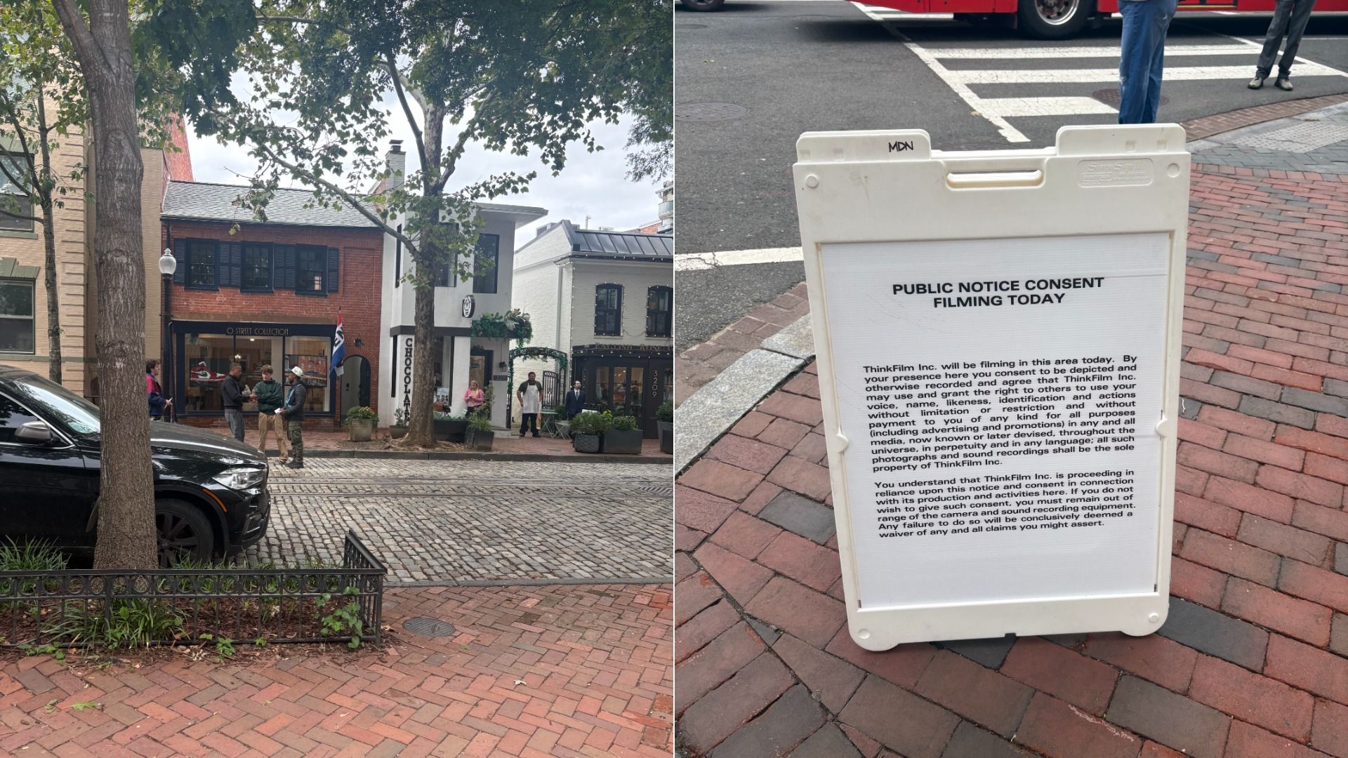 Split view of a quaint downtown street: left shows brick storefronts, trees, and pedestrians on a cobblestone street; right shows a white sidewalk sign reading "Public Notice Consent Filming Today" near a crosswalk with a bus in the background.