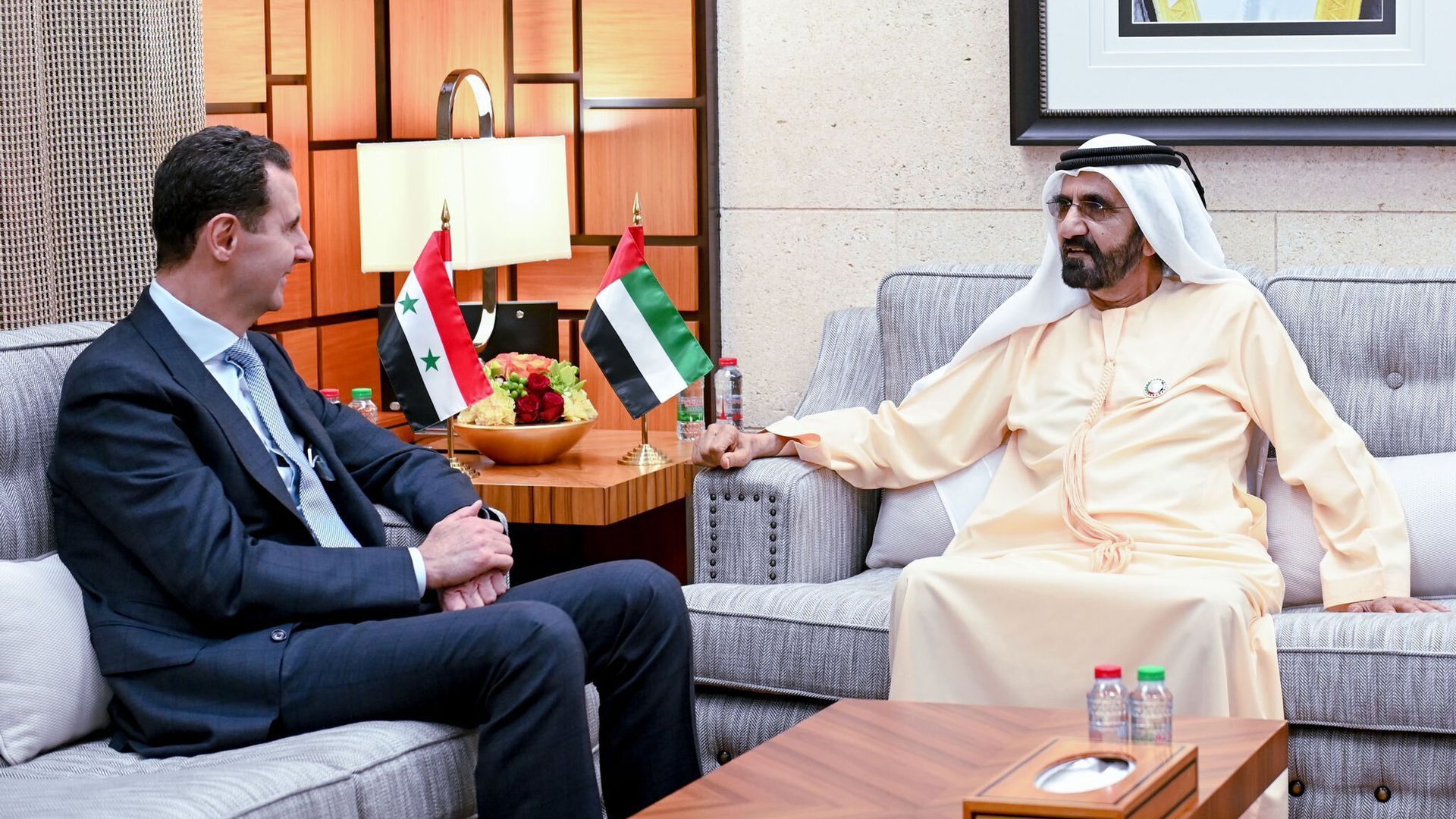 Syria's Bashar al-Assad (left) meets with Sheikh Mohammed bin Rashid Al Maktoum on March 18. Photo: Government of Dubai/Media Office/Handout/Anadolu Agency via Getty Images
