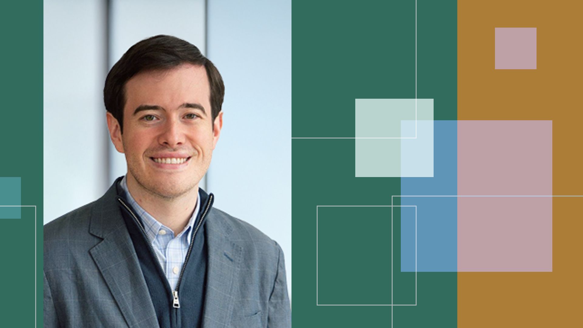 Photo illustration of John Beadle surrounded by abstract shapes. 