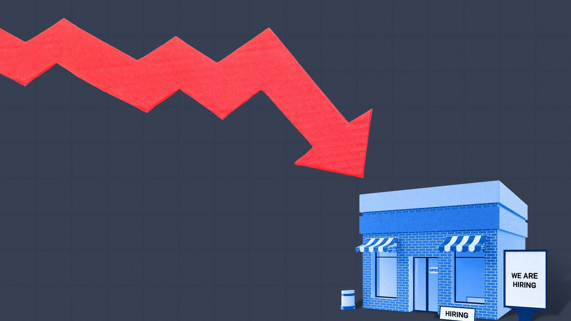 Illustration of a graph arrow going down and pointing to a business with hiring signs.
