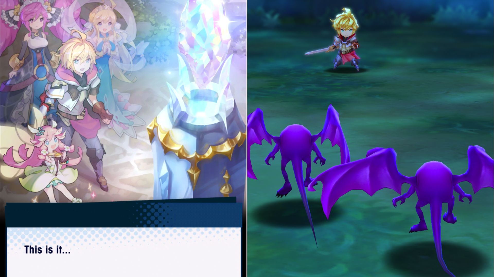 A pair of video game screenshots showing fantasy warriors. In one shot, a boy in armor says "This is it"