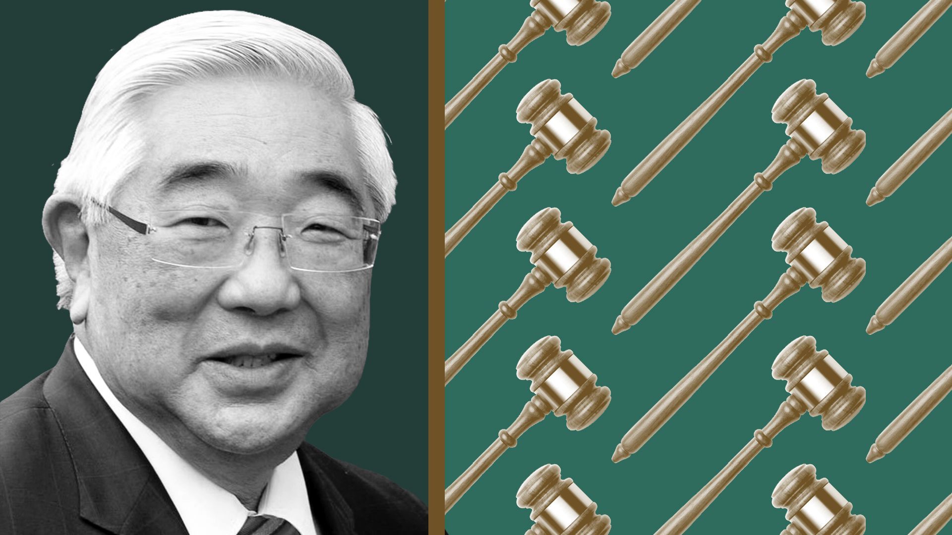 Photo illustration of Judge Peter Sakai next to a pattern of gavels. 