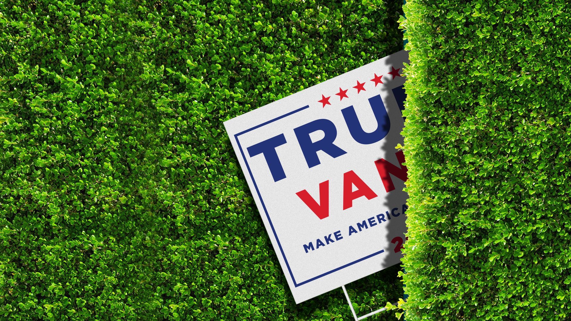 Illustration of a Trump-Vance campaign sign peeking from behind a bush.
