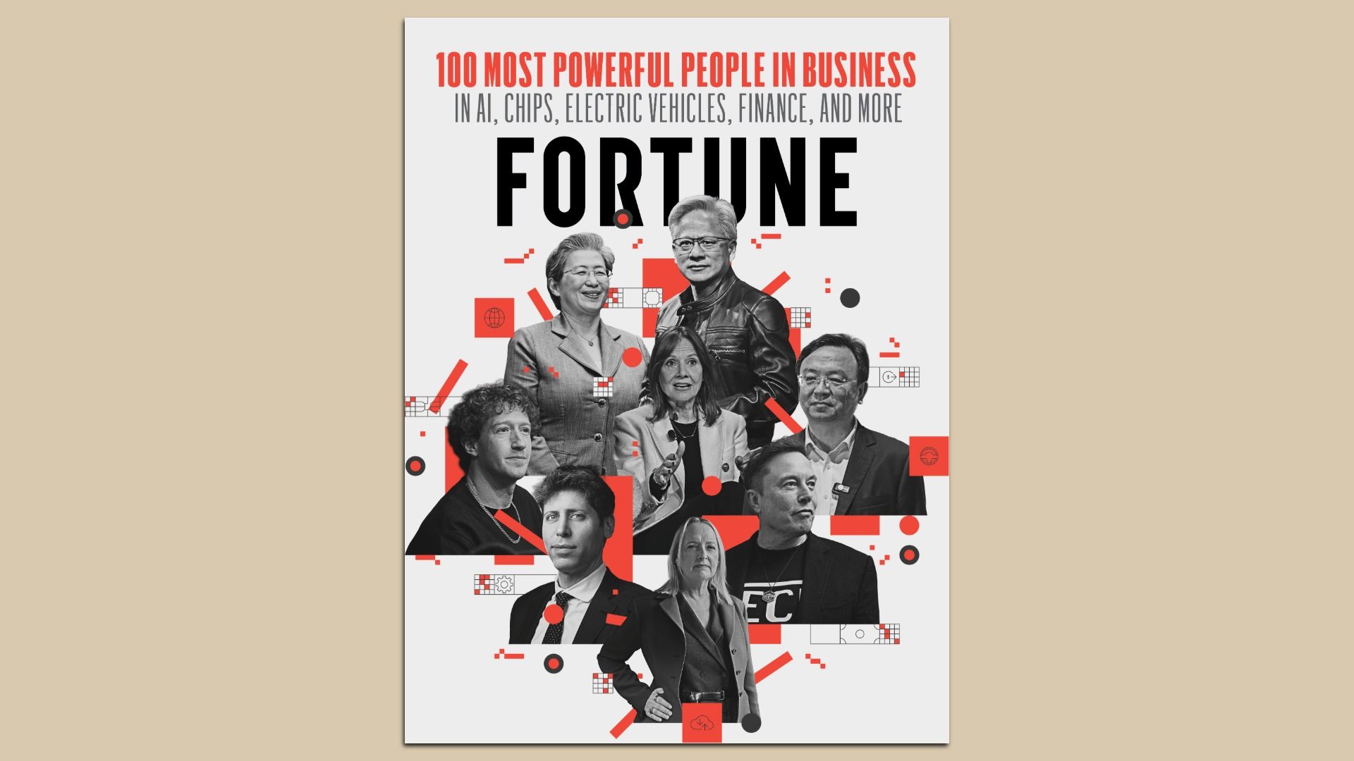 Fortune magazine cover titled "100 Most Powerful People in Business in AI, Chips, Electric Vehicles, Finance, and More" with black-and-white portraits of business leaders against red, black, and white geometric shapes.