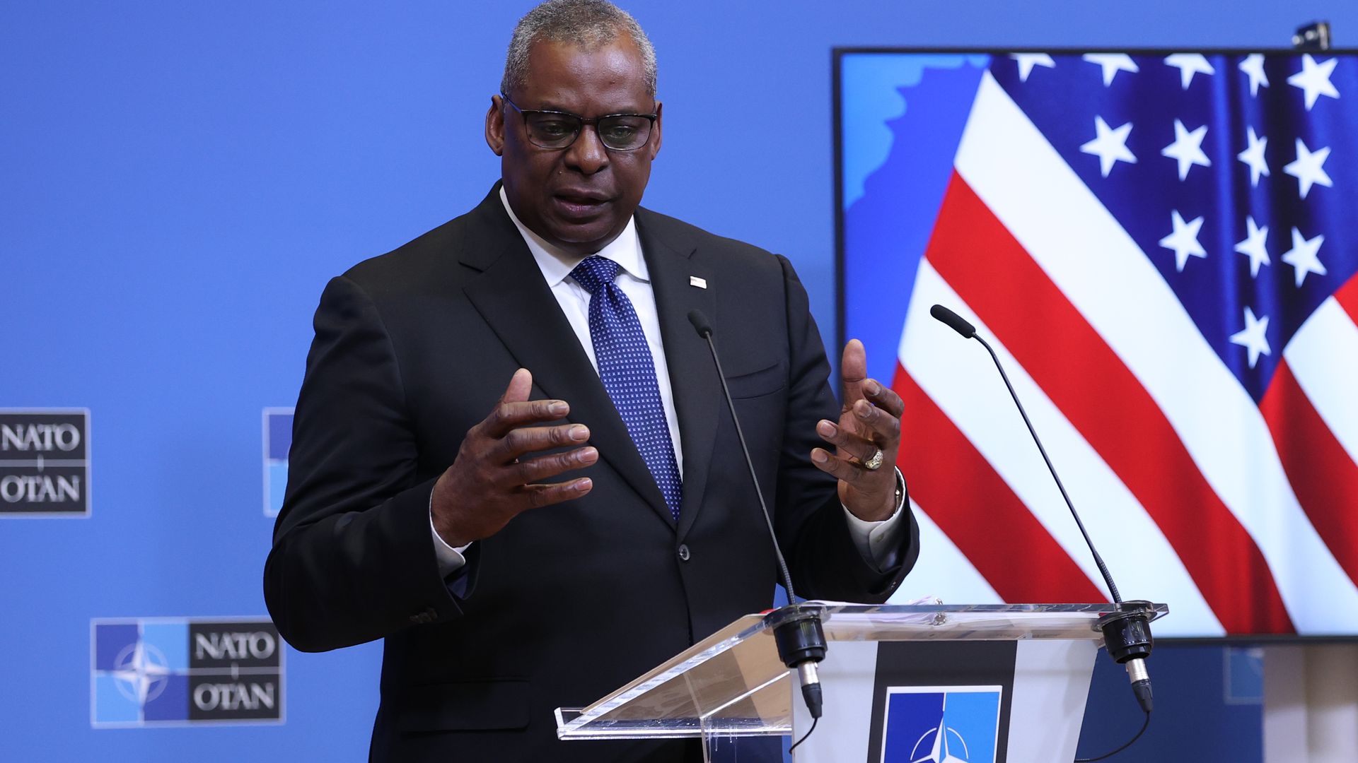 Defense Secretary Lloyd Austin speaking during a press conference at a NATO meeting in Brussels on June 16.
