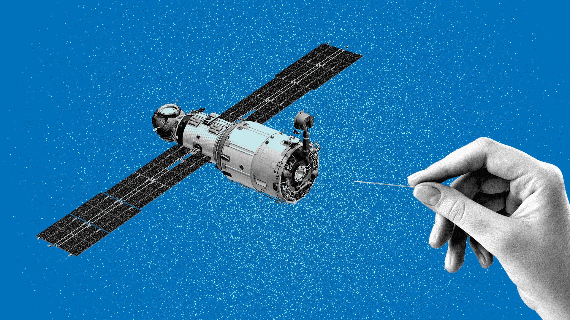 Illustration of an orbiting satellite about to be punctured by a pin.