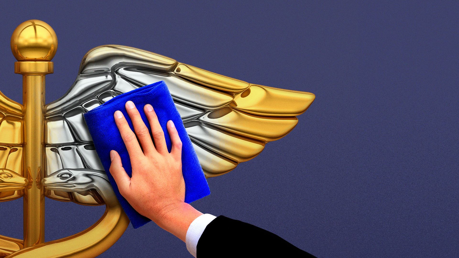 Illustration of a hand wiping away gold on a caduceus to reveal silver underneath.