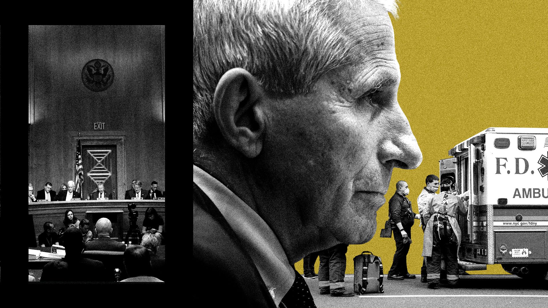 Photo illustration of Anthony Fauci, first responders during the coronavirus epidemic, and Faucci's testimony before Congress