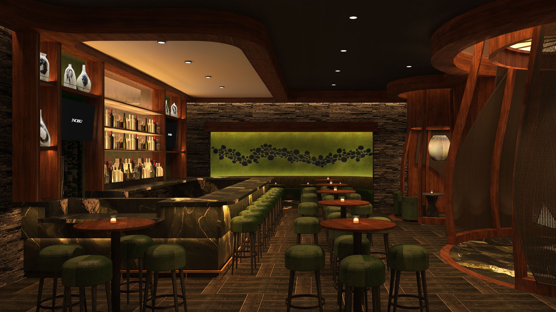 A rendering shows an Asian-inspired bar and restaurant area.