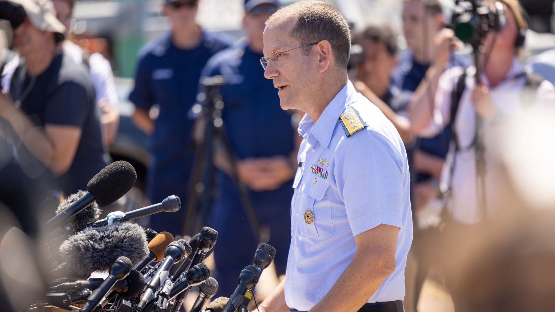 Rear Adm. John Mauger, the First Coast Guard District commander, speaking to reporters in Boston, Massachusetts, on June 22.