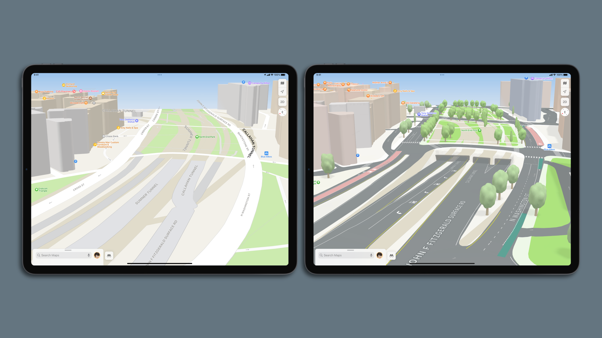 A composite image showing the Callahan Tunnel entrance on Apple Maps, the old version  on the left and a new, 3D version on the right. 