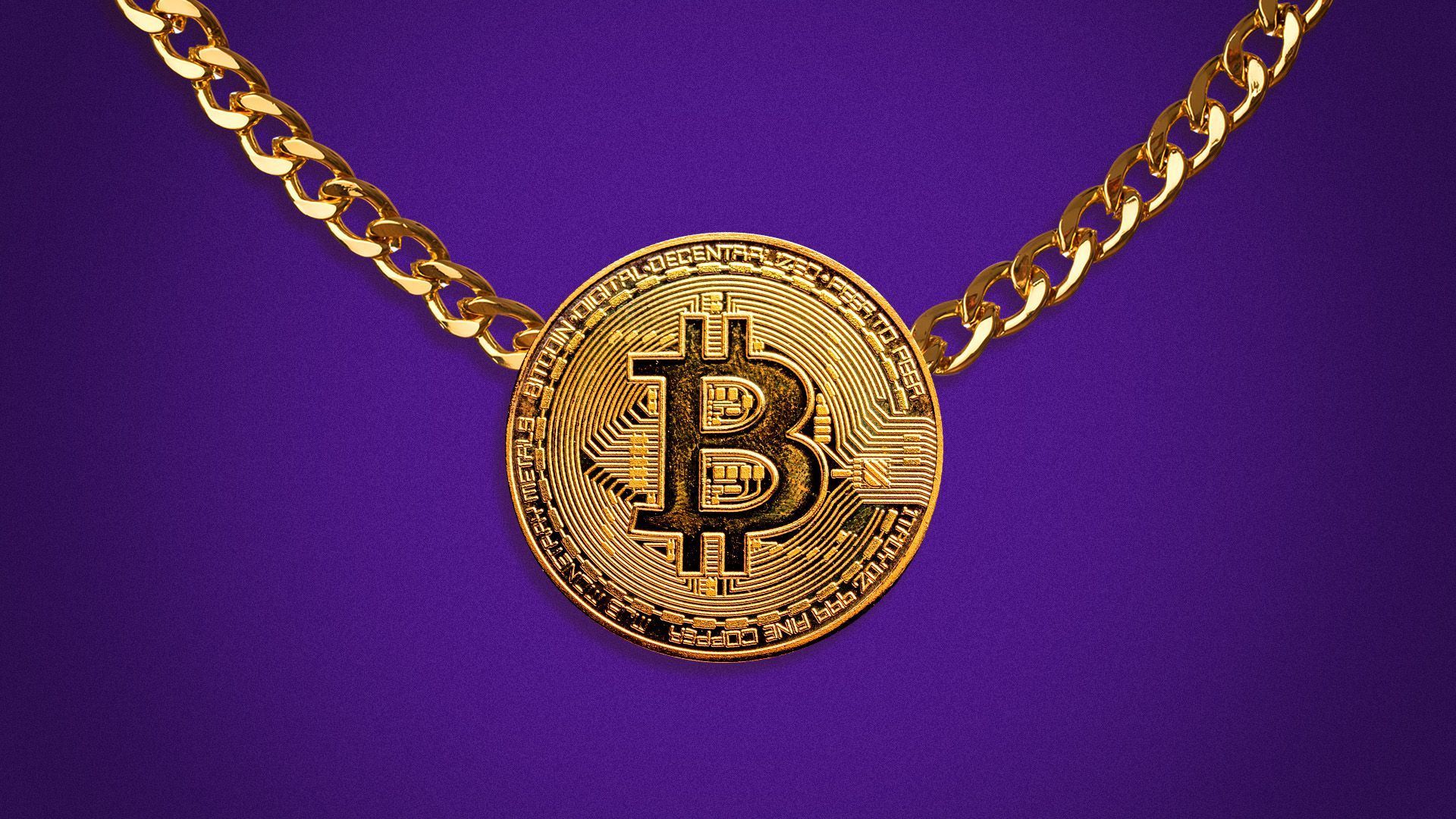 A bitcoin on a gold necklace