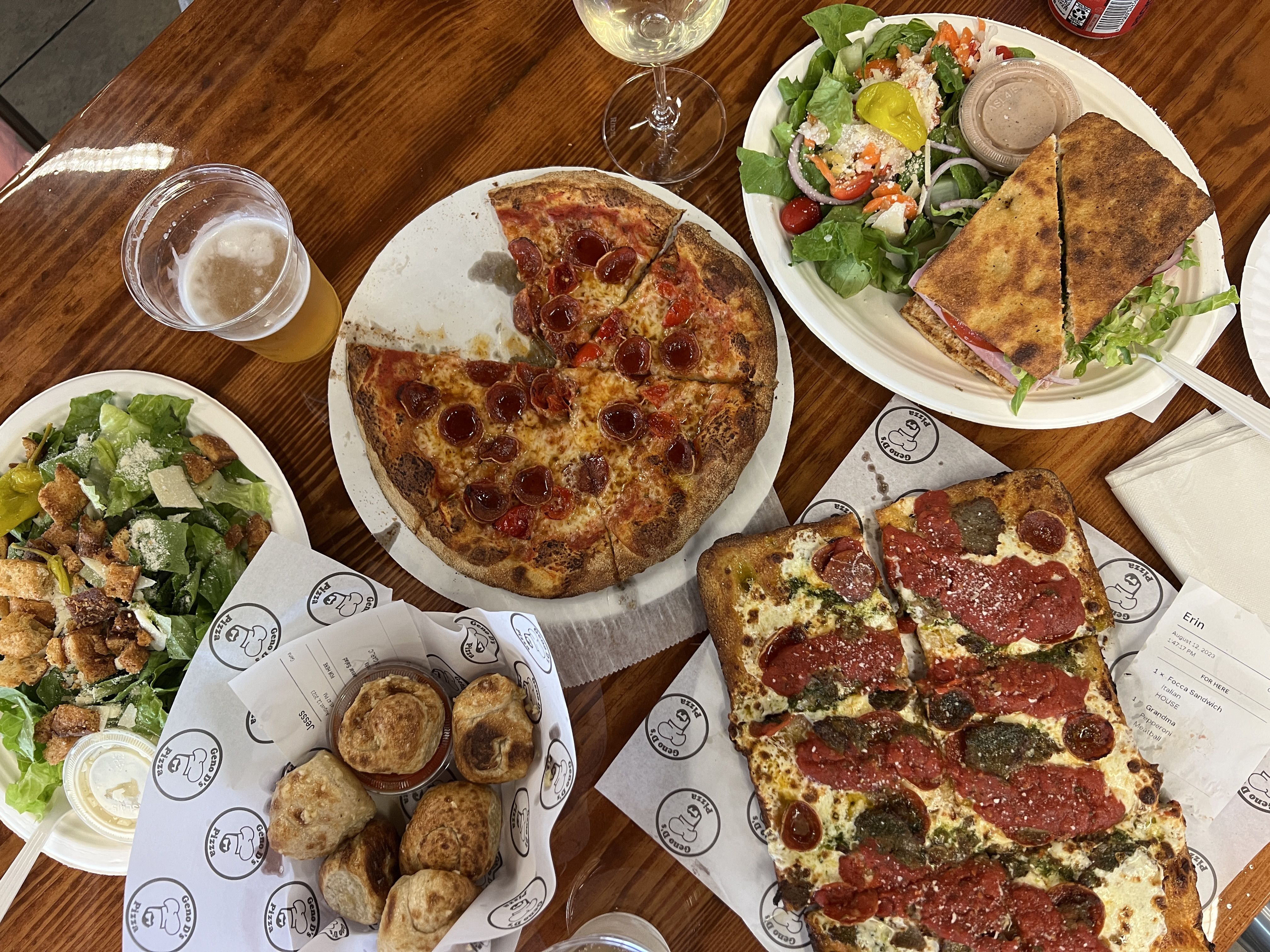 pizza, salad, sandwiches