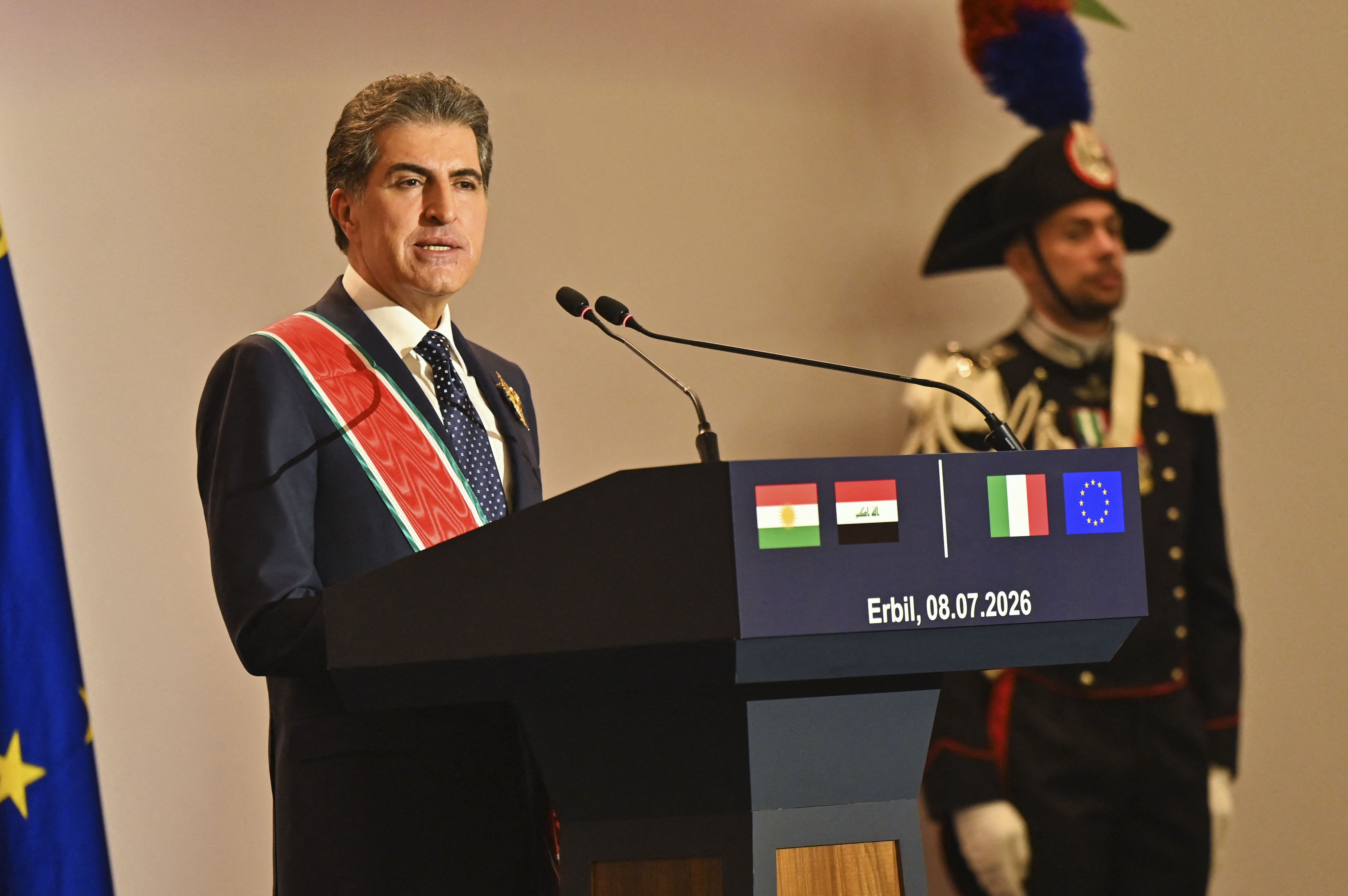 Iraqi Kurdistan President Nechirvan Barzani speaks during a ceremony in which he received the Knight Grand Cross of the Order of the Star of Italy in Arbil, also known as Erbil, the capital of Iraq's autonomous Kurdistan Region, on July 8, 2026. The honour, conferred by Italian President Sergio Matt