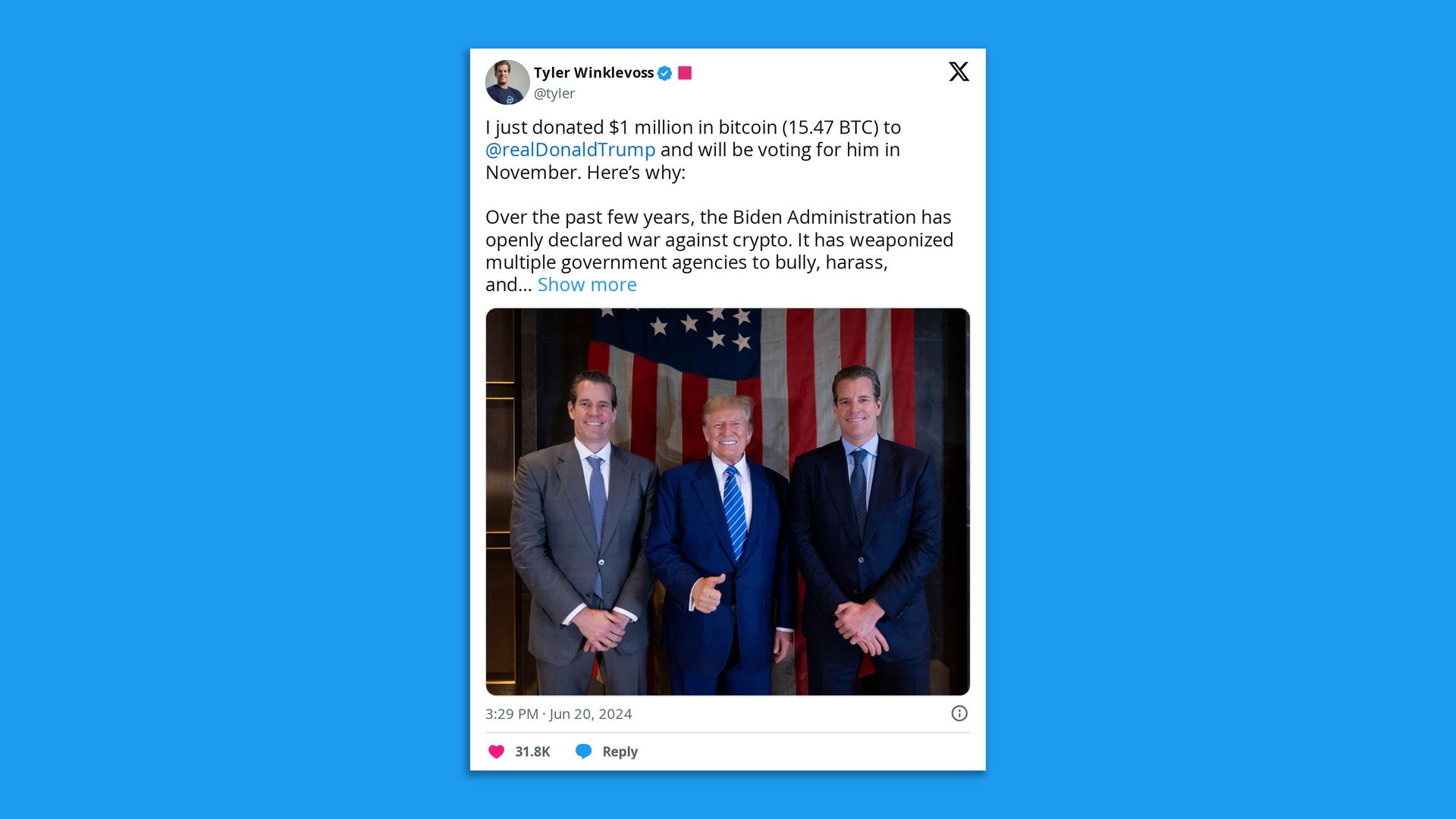 Gemini cofounders Tyler and Cameron Winklevoss standing next to former president Donald Trump in front of an American flag backdrop