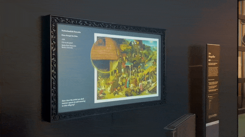 A GIF of Prototype's "Art Magnifier" exhibit, zooming in on high-resolution pieces of art