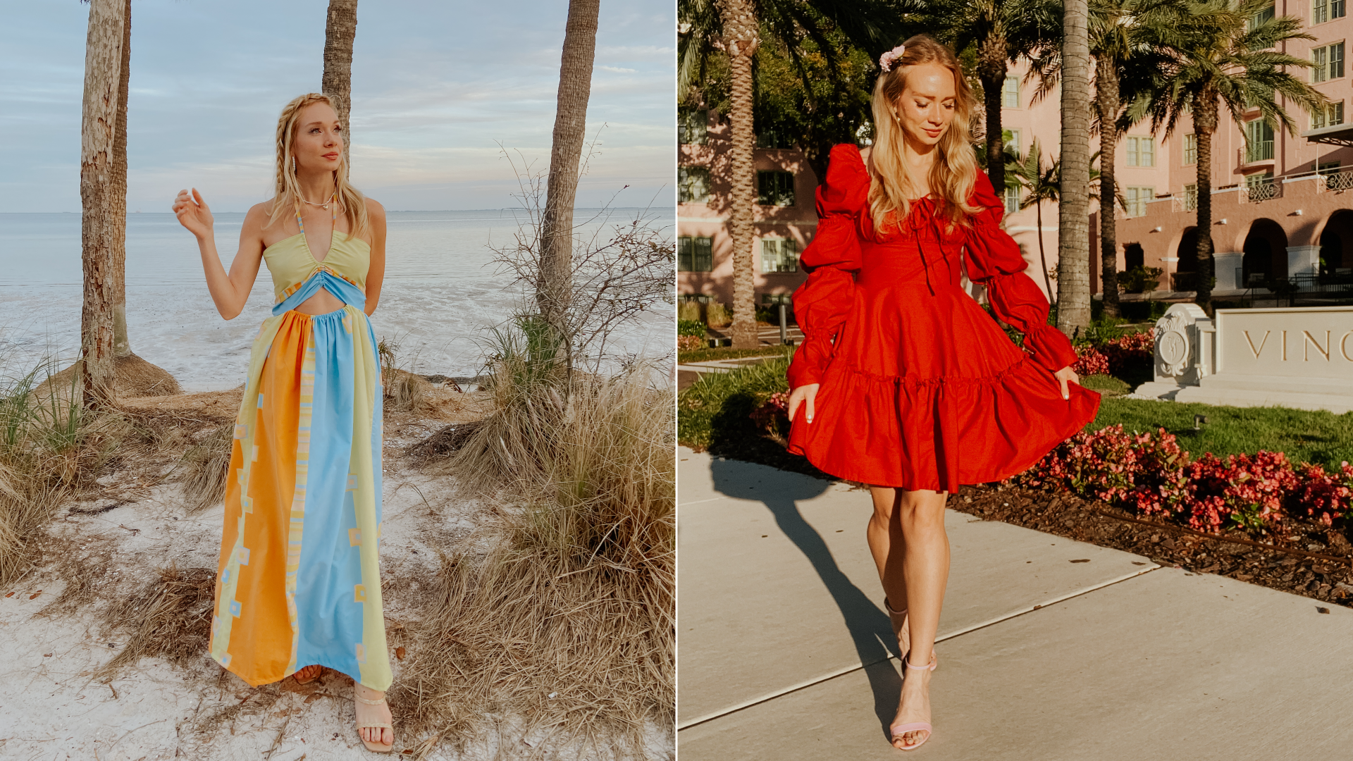 Two photos side-by-side. The photo no the left shows a woman posing at the waterfront in a yellow, blue and orange maxi dress. The right photo shows a woman in a short red dress with puffy sleeves posing in front of a pink building.