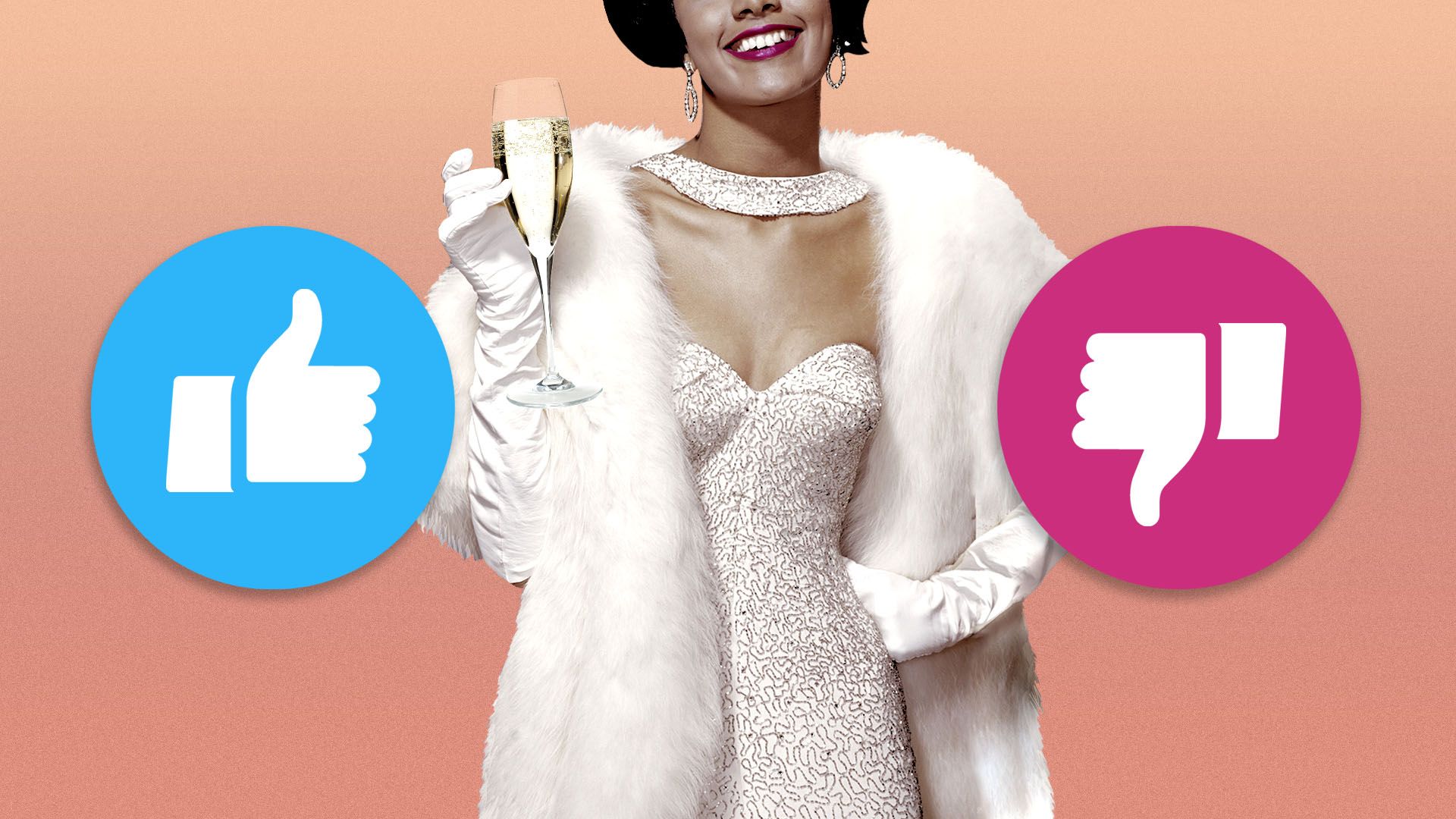 Illustration of wealthy woman in fur coat with like and dislike icons next to her