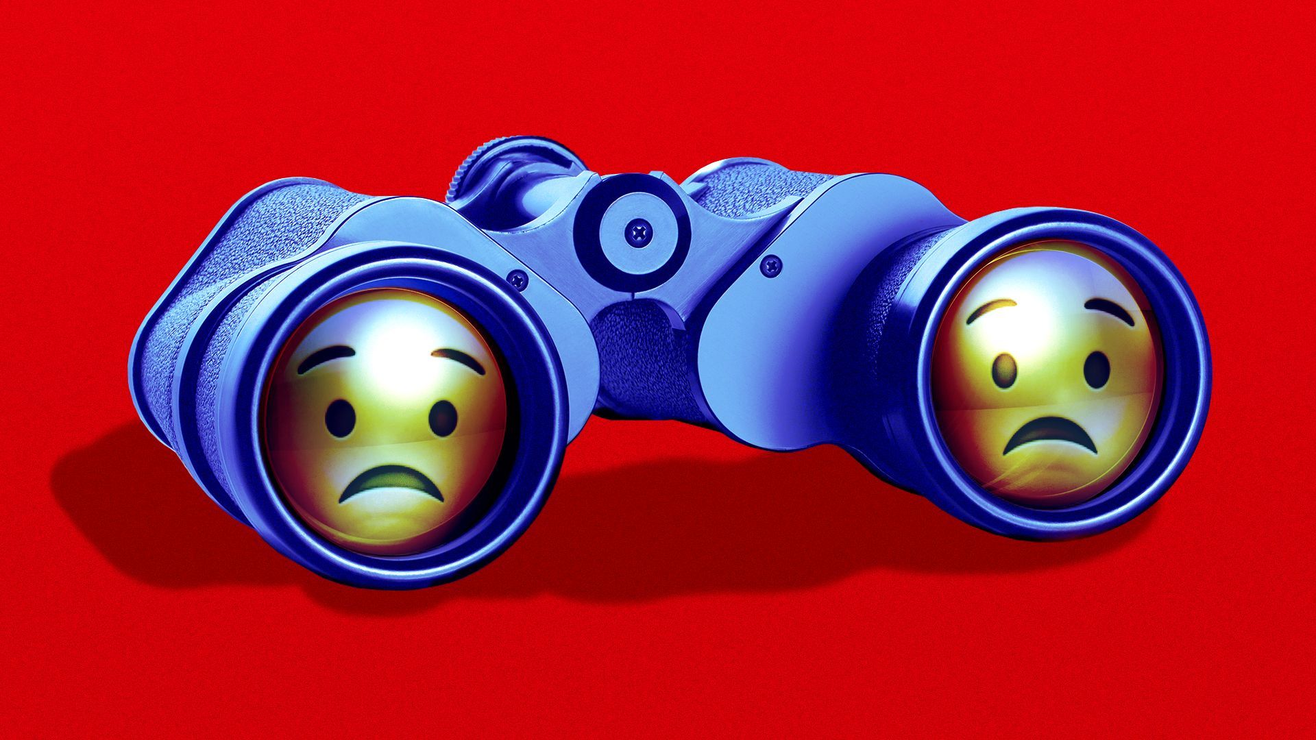 Illustration of binoculars with sad face emojis reflected in the lenses.
