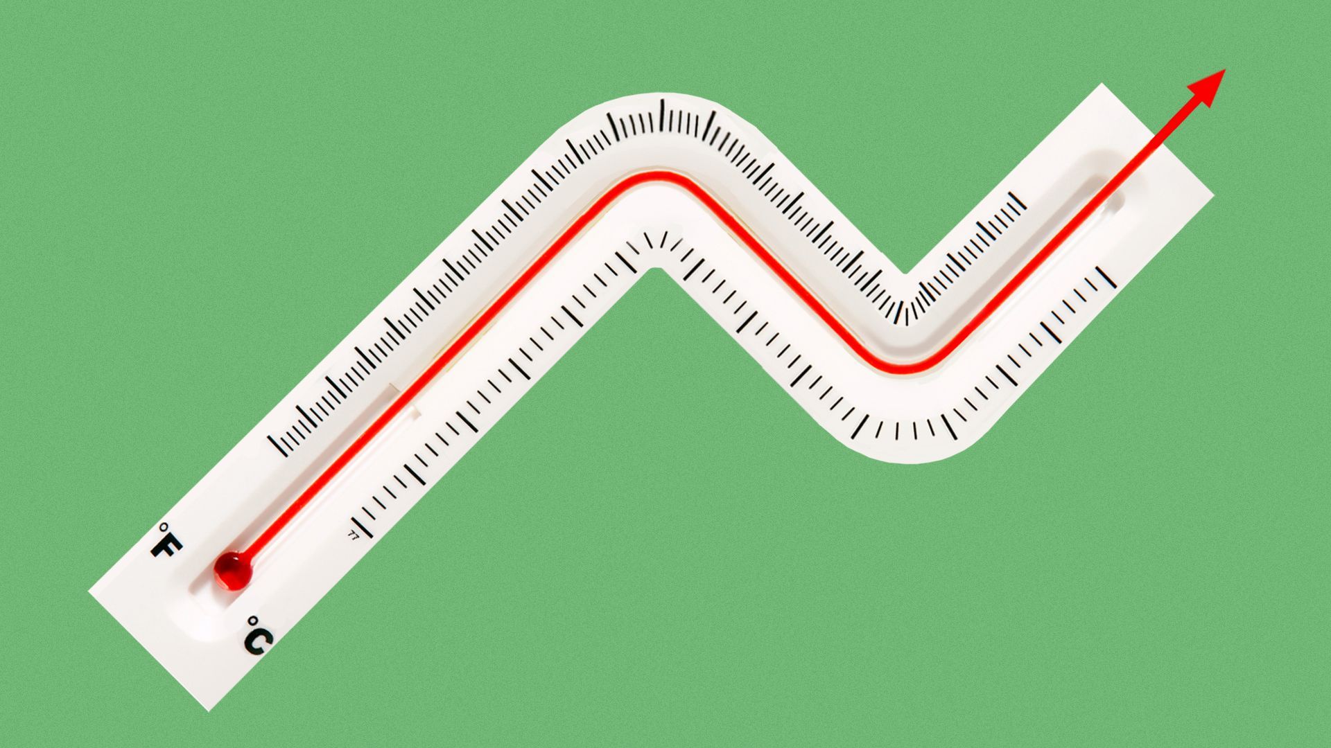 Illustration of a thermometer bending into a stock trend line