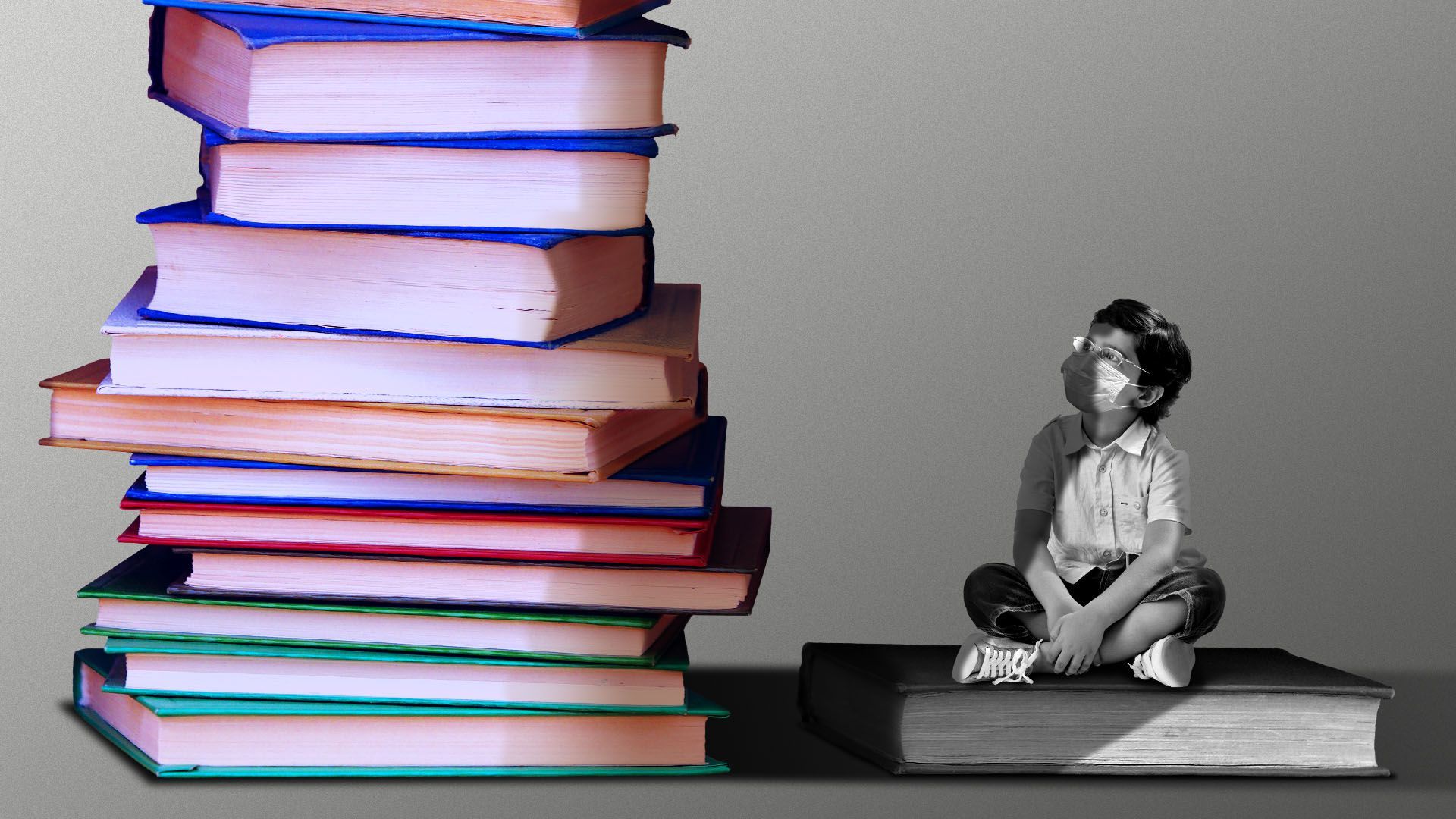 Illustration of a child sitting on a single book looking up at a stack of books above him