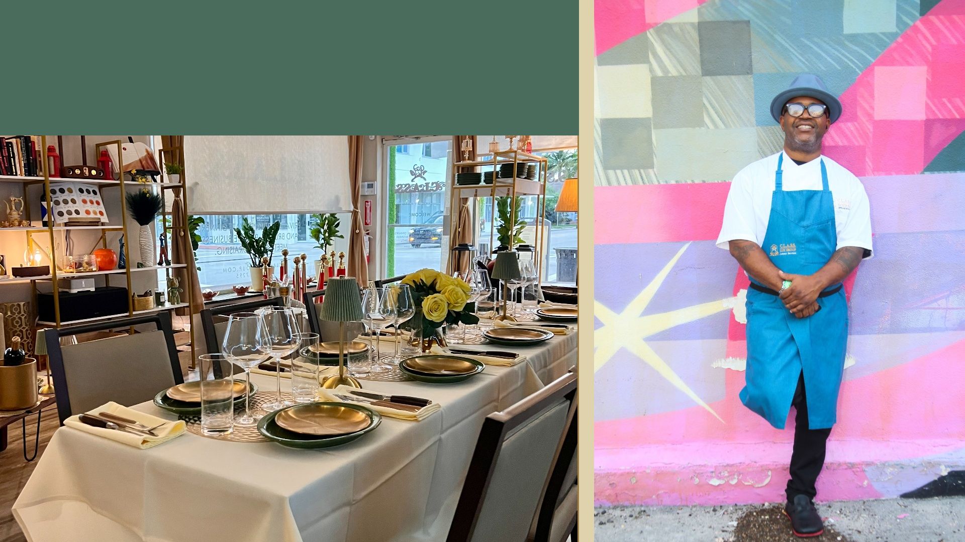 Left: dining room with a long white-tablecloth table set with plates, glasses, and flowers; decor shelves. Right: a man in a white shirt and blue apron before a colorful geometric mural.