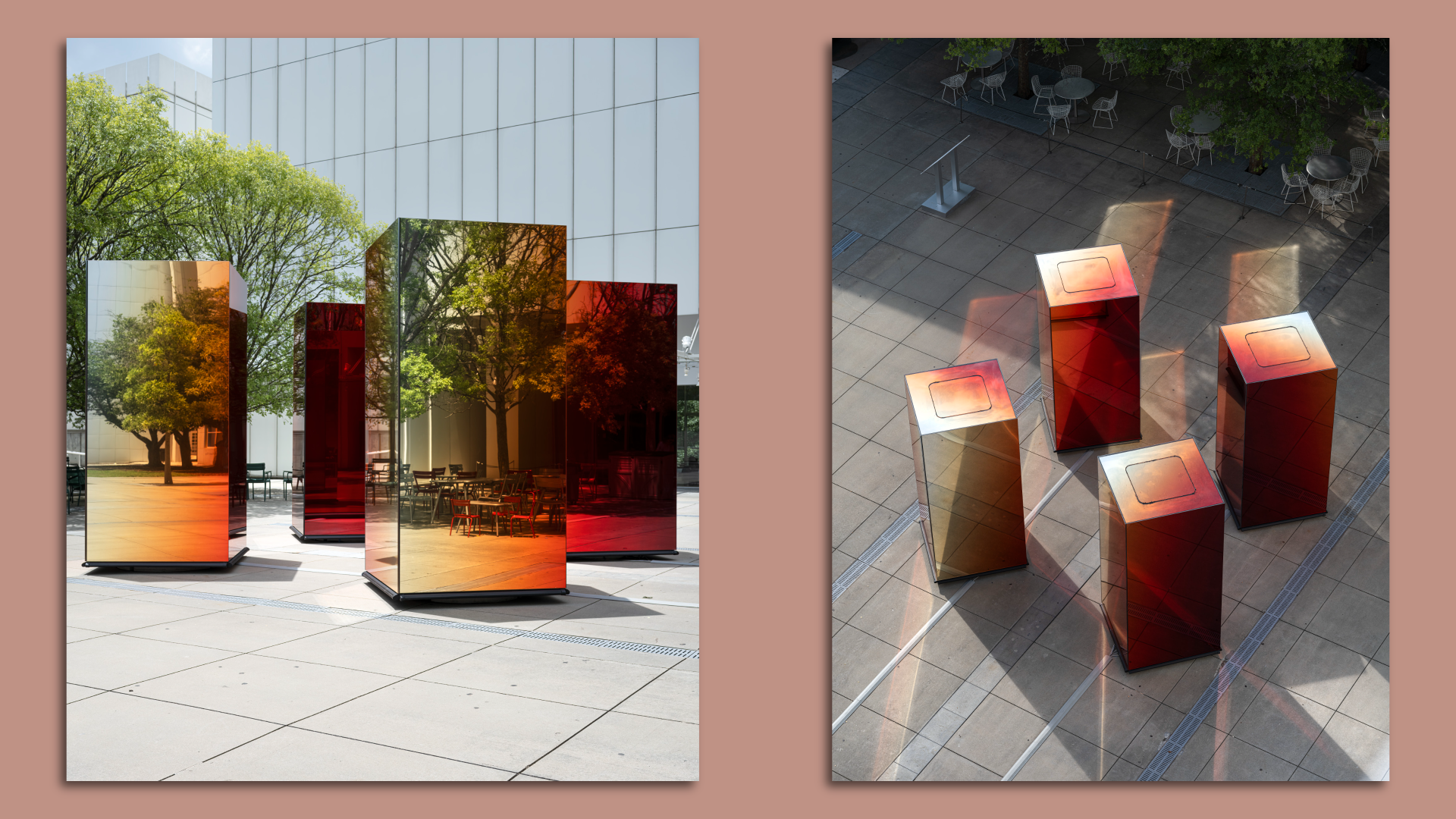 Side by side photos of tall three-dimensional rectangular prisms in the courtyard of a museum