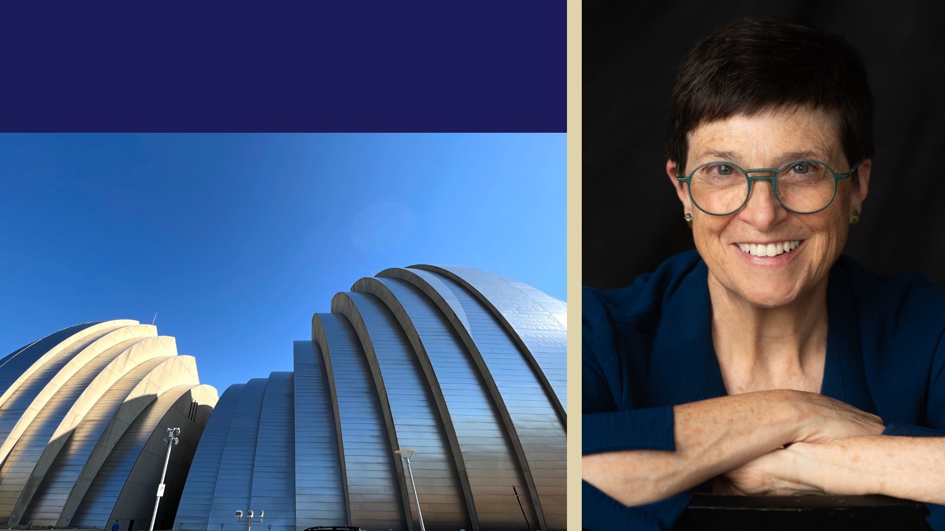 Split collage: left shows a dark navy band, blue sky and silver curved shells; right shows a smiling woman with short dark hair, teal glasses, blue top, against a dark backdrop, beige divider.