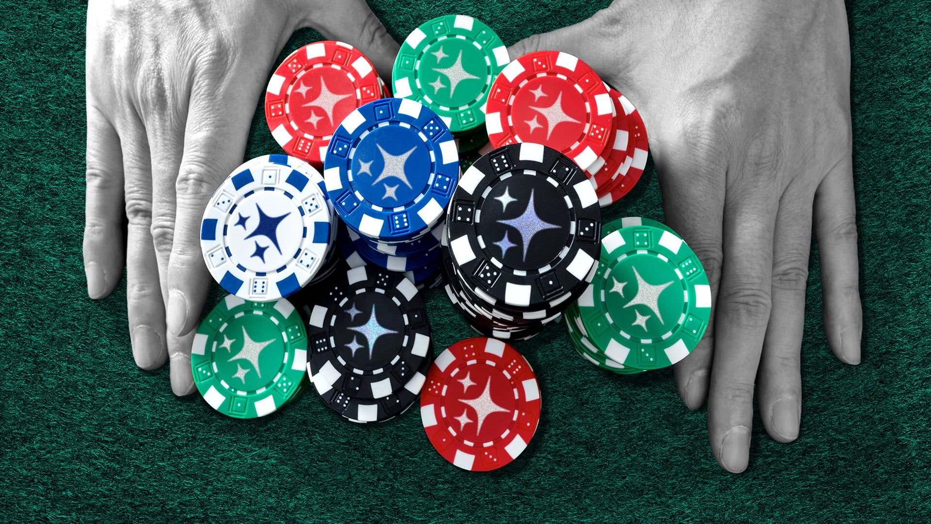 Illustration of two hands pushing stacks of poker chops with sparkle emojis on them into the center of a poker table.