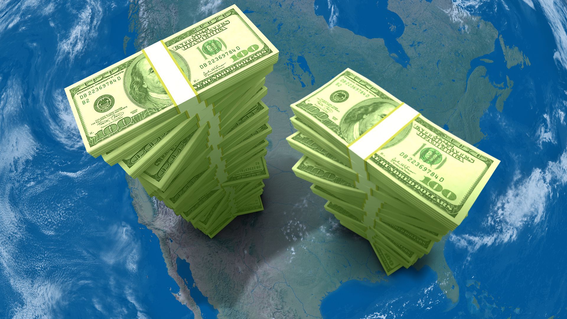 Illustration of a top down view of Earth with two large stacks of money towering over the continent.