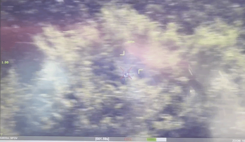 Viewed through a sniper scope at a misty forest, a yellow crosshair centers on a small target among trees. On-screen HUD displays time, zoom, and basic info labels.